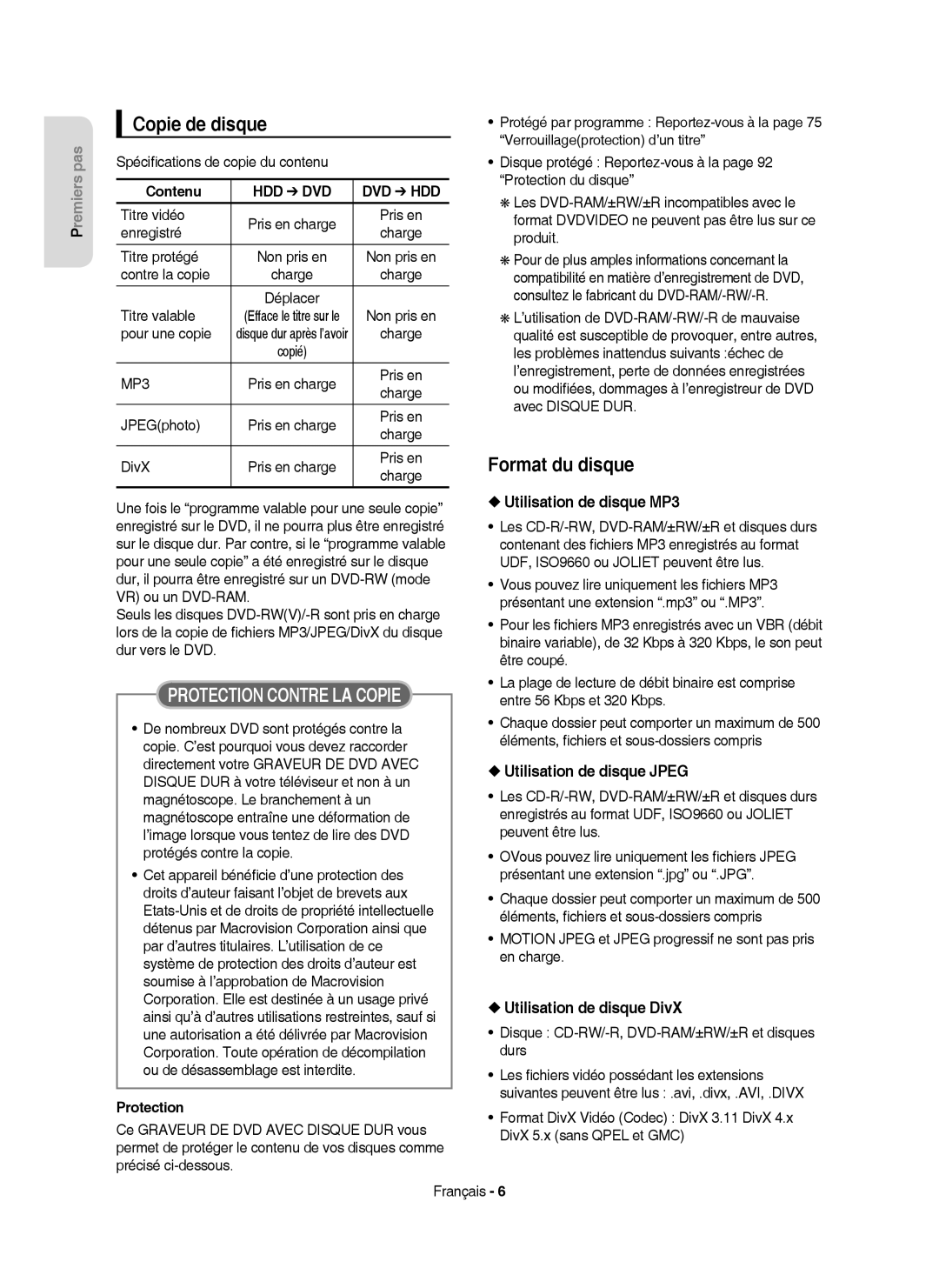 Samsung DVD-HR750/AUS manual Copie de disque, Format du disque, Utilisation de disque MP3, Utilisation de disque Jpeg 