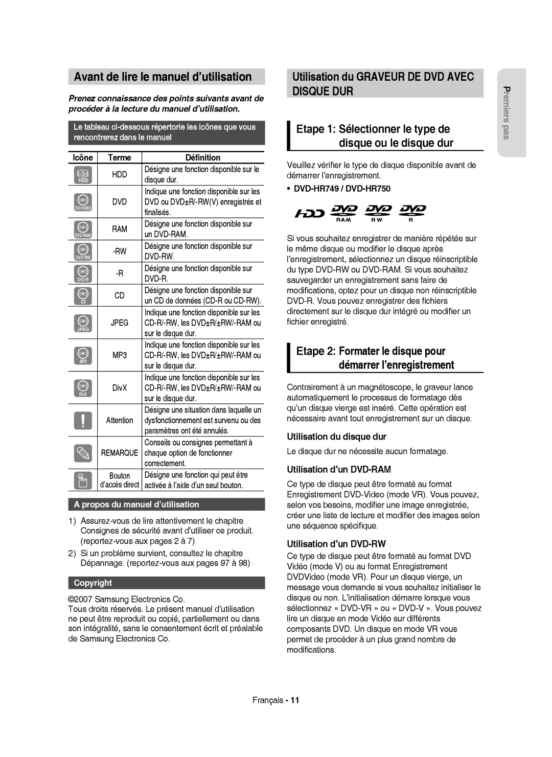 Samsung DVD-HR750/XEB, DVD-HR750/XEG manual Avant de lire le manuel d’utilisation, Utilisation du Graveur DE DVD Avec 