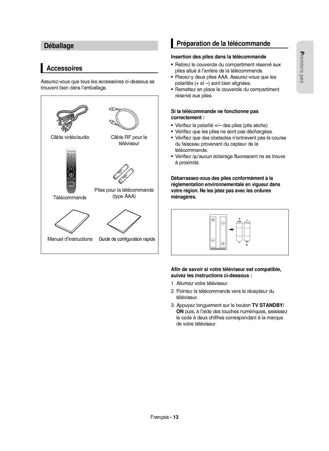 Samsung DVD-HR750/XEG manual Déballage, Préparation de la télécommande, Type AAA, Insertion des piles dans la télécommande 