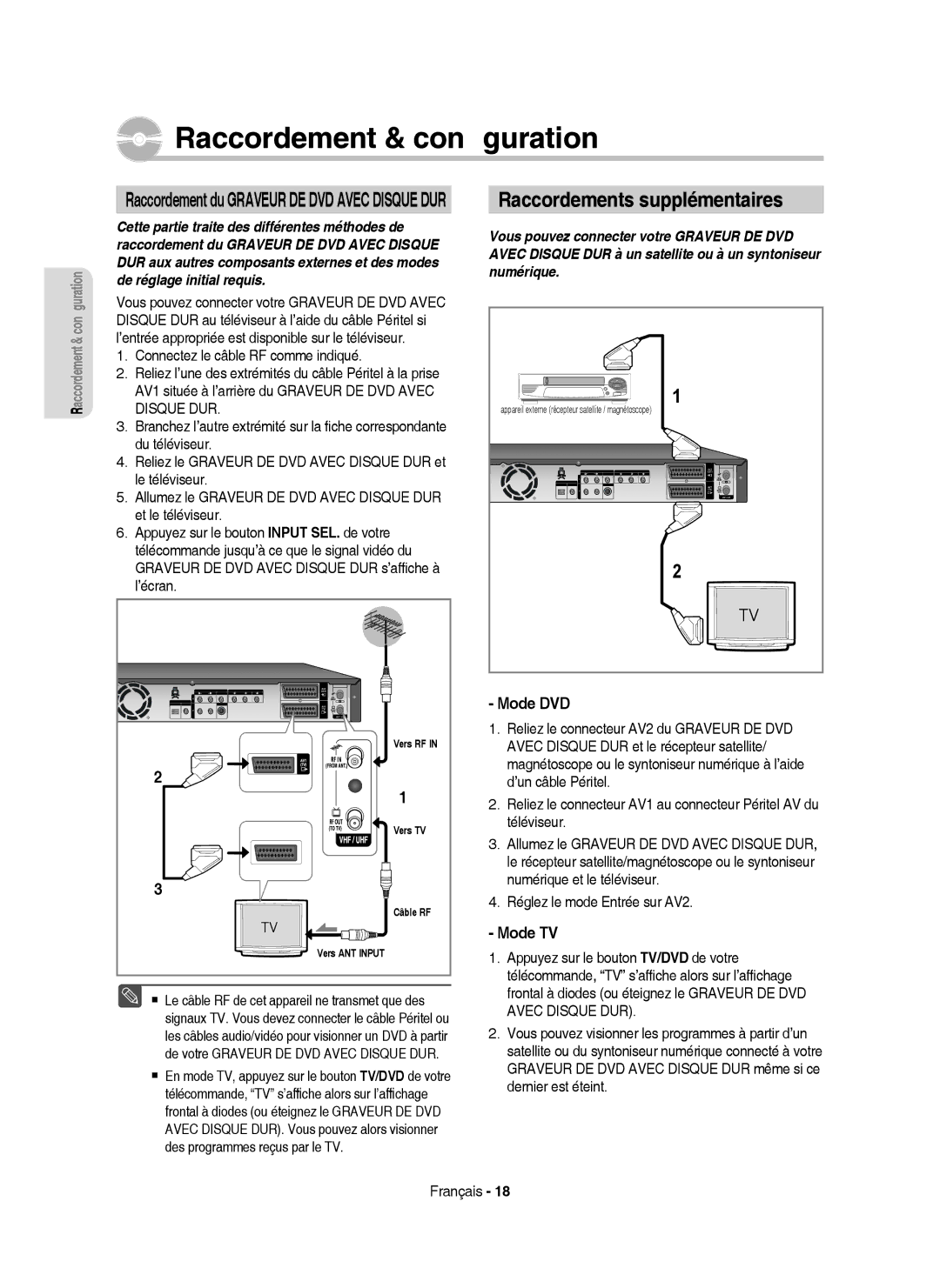 Samsung DVD-HR750/AUS manual Raccordement & conﬁguration, Mode DVD, Mode TV, Raccordement du Graveur DE DVD Avec Disque DUR 