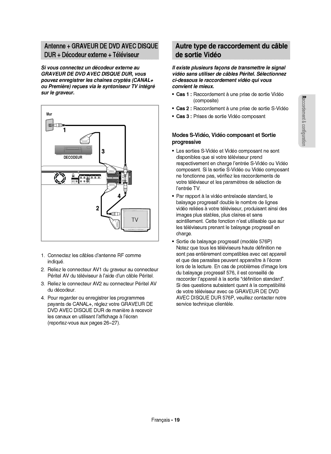 Samsung DVD-HR750/XEG manual Autre type de raccordement du câble De sortie Vidéo, DUR + Décodeur externe + Téléviseur 