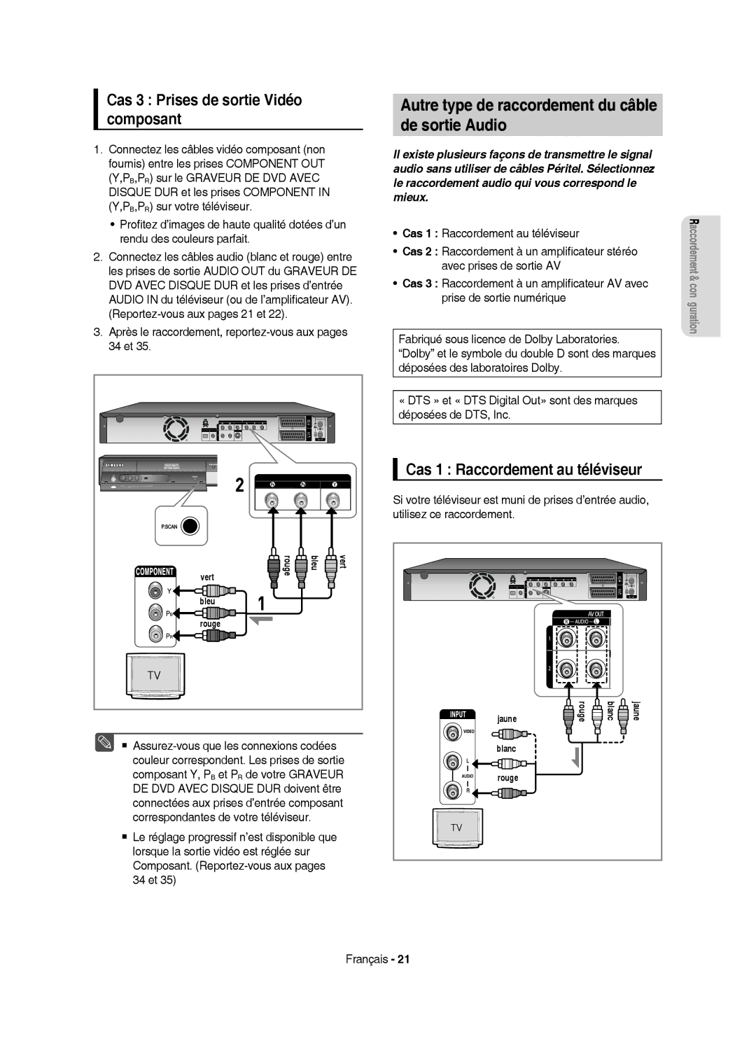 Samsung DVD-HR750/AUS manual Autre type de raccordement du câble De sortie Audio, Cas 3 Prises de sortie Vidéo composant 