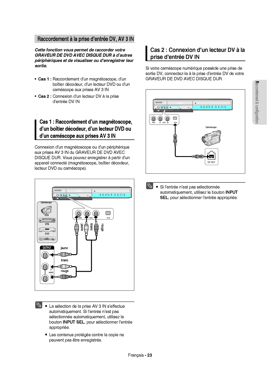 Samsung DVD-HR750/XEB Cas 2 Connexion d’un lecteur DV à la prise d’entrée DV, Raccordement à la prise d’entrée DV, AV 3 