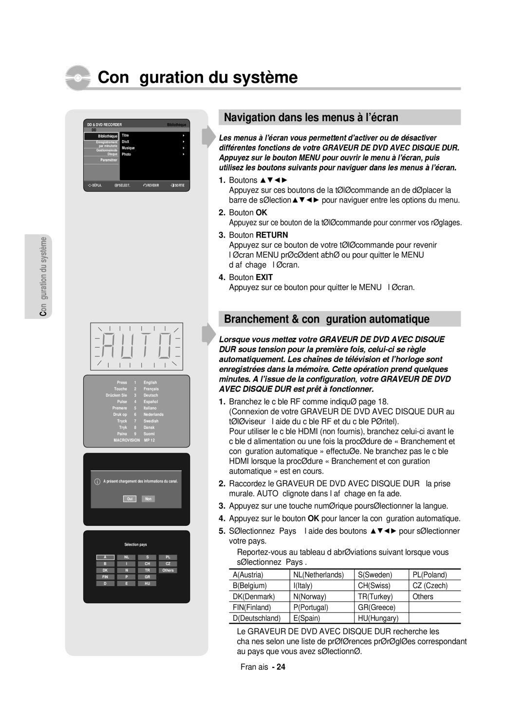 Samsung DVD-HR750/AUS Conﬁguration du système, Navigation dans les menus à l’écran, Branchement & conﬁguration automatique 