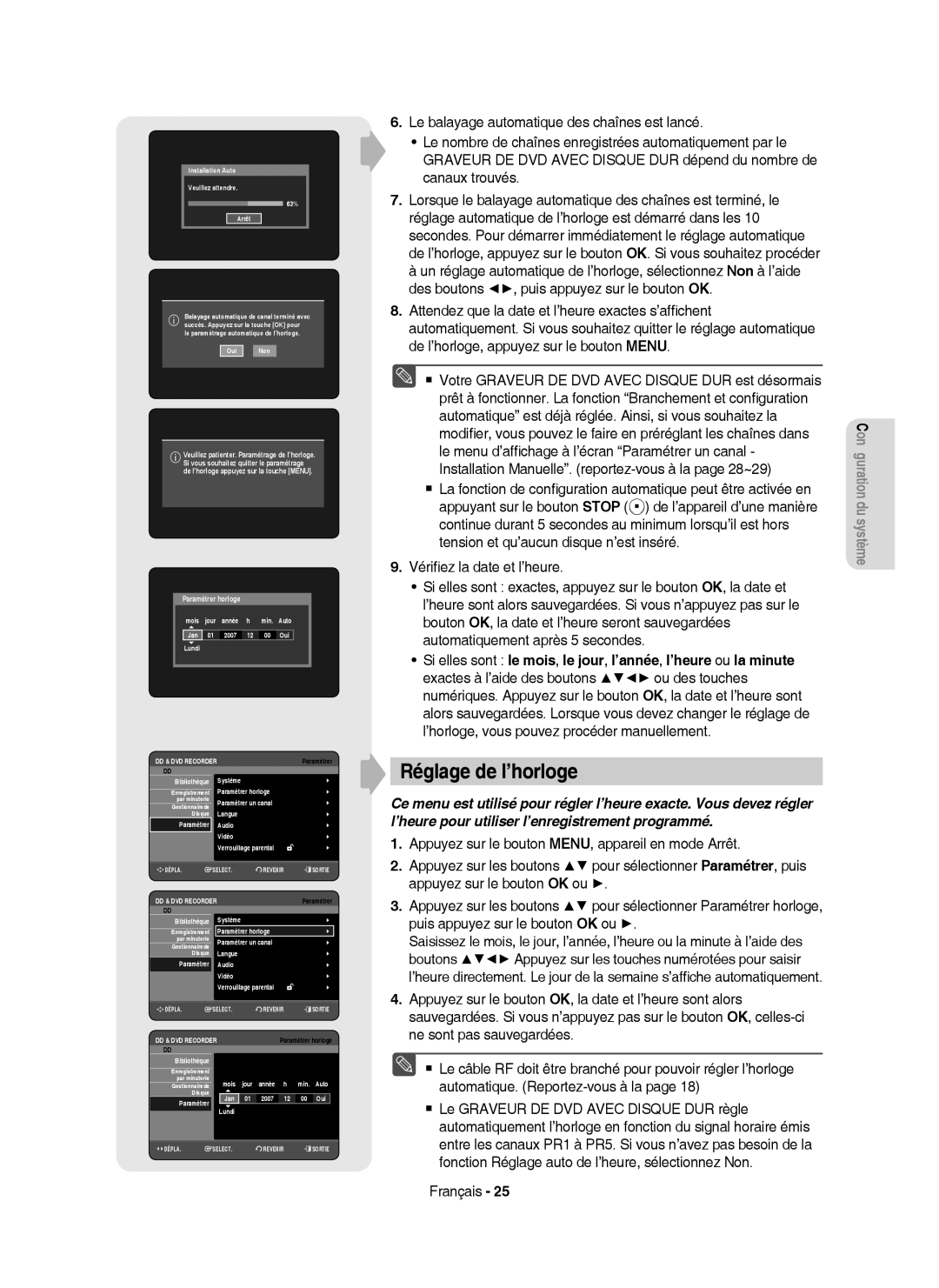Samsung DVD-HR750/XEG, DVD-HR750/XEB, DVD-HR750/AUS manual Réglage de l’horloge 