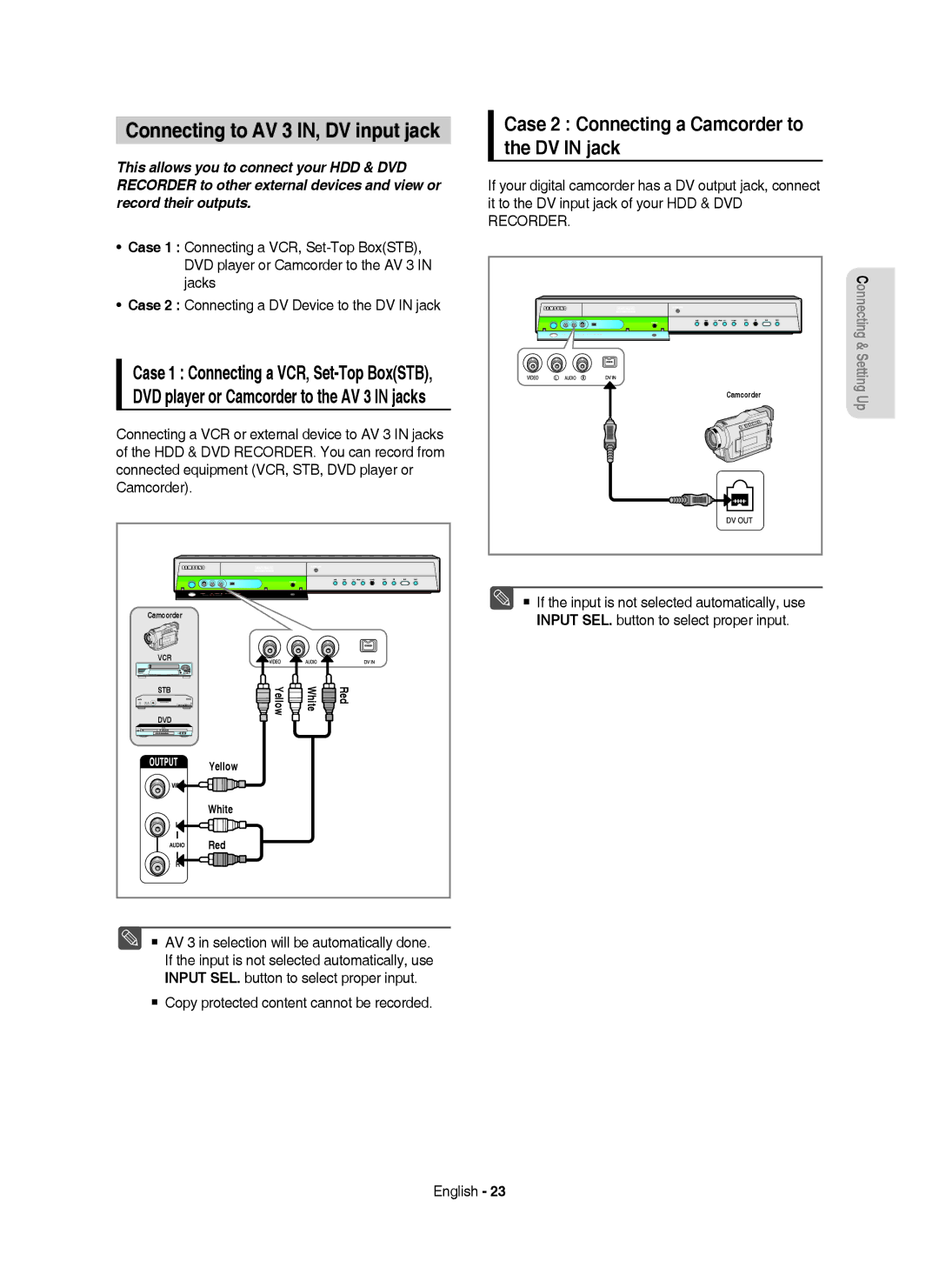 Samsung DVD-HR750/AUS, DVD-HR750/XEG Connecting to AV 3 IN, DV input jack, Case 2 Connecting a Camcorder to the DV in jack 