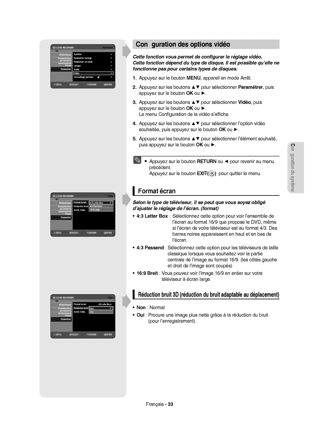 Samsung DVD-HR750/AUS, DVD-HR750/XEG, DVD-HR750/XEB manual Conﬁguration des options vidéo, Format écran 