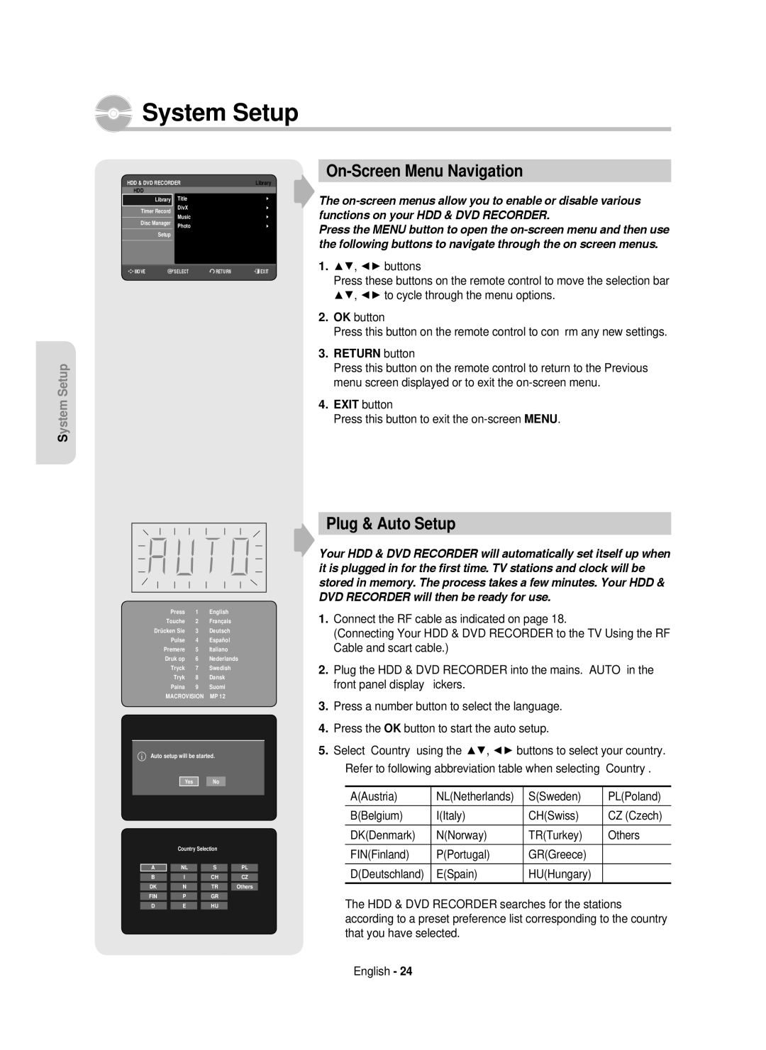 Samsung DVD-HR750/XEG, DVD-HR750/XEB manual System Setup, On-Screen Menu Navigation, Plug & Auto Setup, Return button 