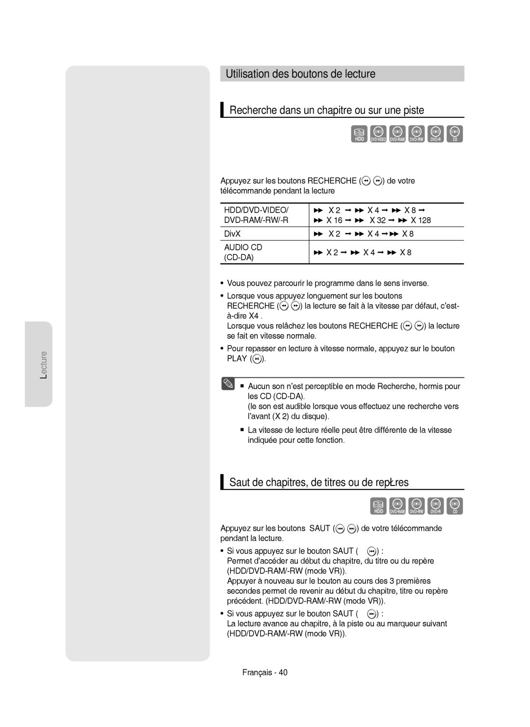 Samsung DVD-HR750/XEG, DVD-HR750/XEB manual Utilisation des boutons de lecture, Recherche dans un chapitre ou sur une piste 