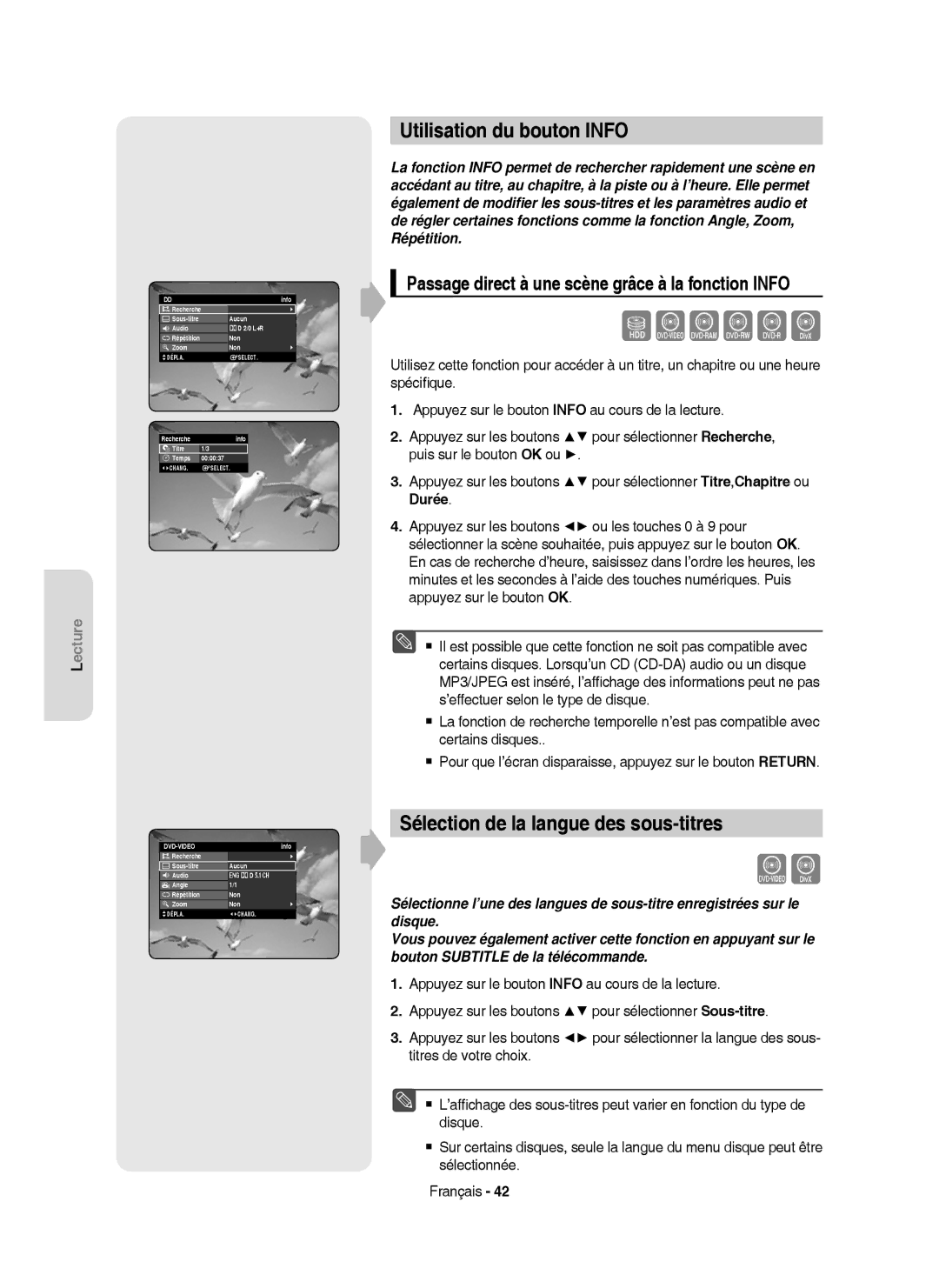 Samsung DVD-HR750/AUS, DVD-HR750/XEG, DVD-HR750/XEB manual Utilisation du bouton Info, Sélection de la langue des sous-titres 