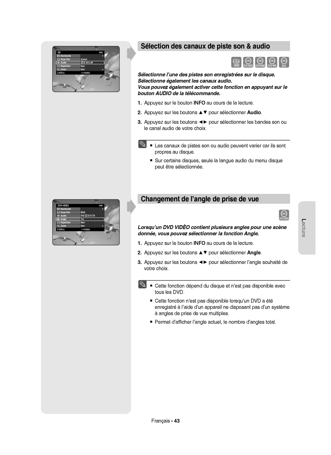 Samsung DVD-HR750/XEG, DVD-HR750/XEB manual Sélection des canaux de piste son & audio, Changement de l’angle de prise de vue 