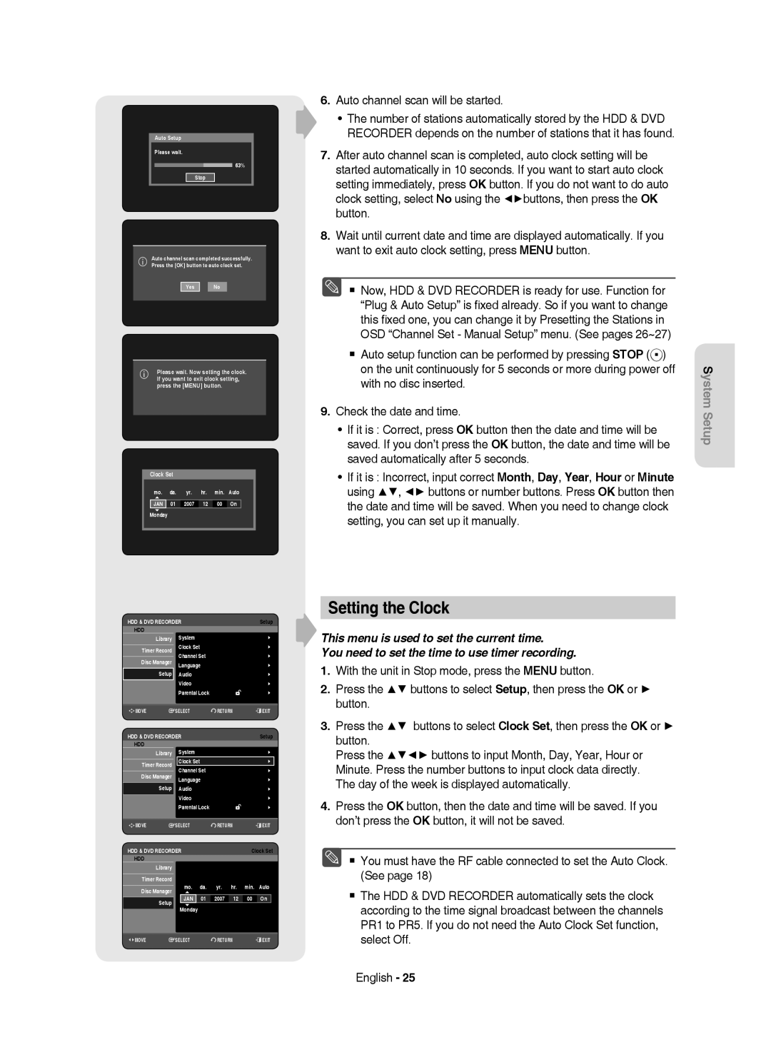 Samsung DVD-HR750/XEB, DVD-HR750/XEG, DVD-HR750/AUS manual Setting the Clock, Auto channel scan will be started 