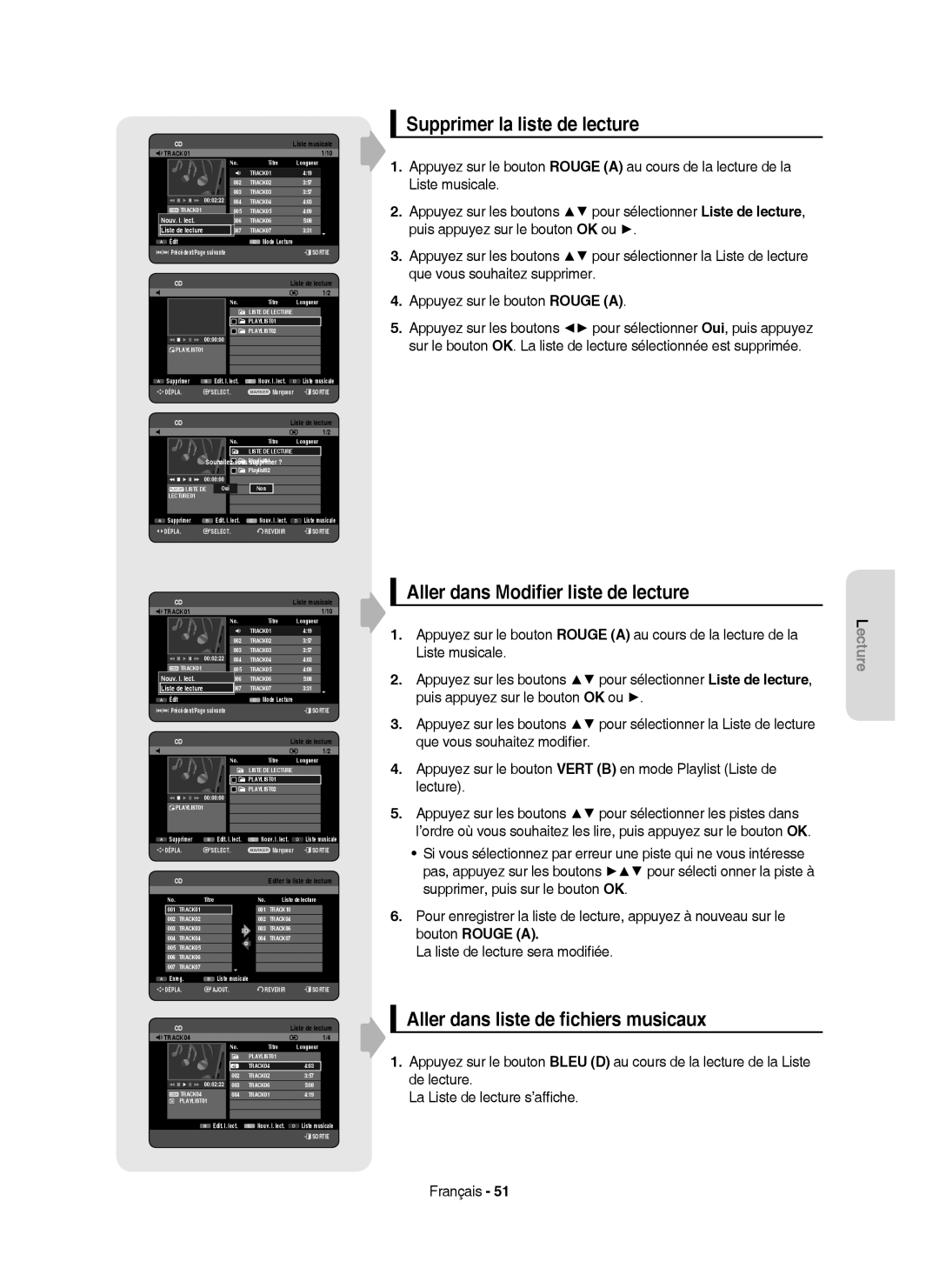 Samsung DVD-HR750/AUS, DVD-HR750/XEG, DVD-HR750/XEB manual Supprimer la liste de lecture, Aller dans Modiﬁer liste de lecture 