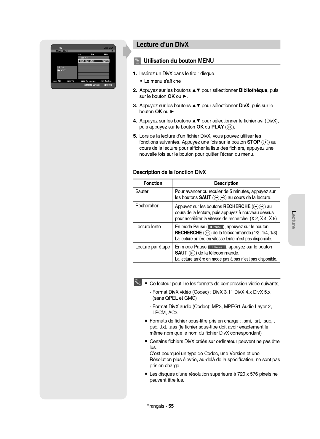 Samsung DVD-HR750/XEG Lecture d’un DivX, Utilisation du bouton Menu, Description de la fonction DivX, Fonction Description 