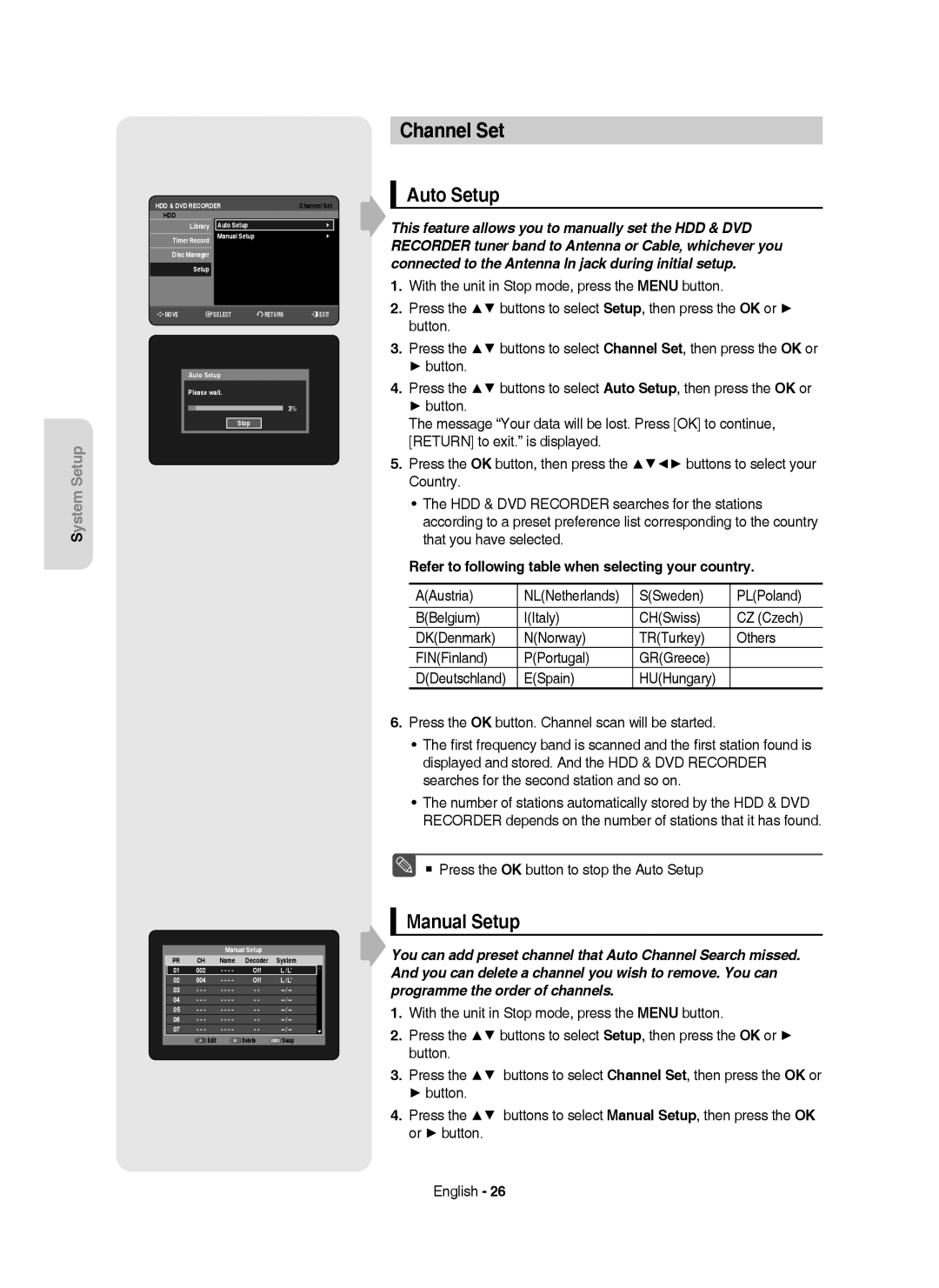 Samsung DVD-HR750/AUS manual Channel Set, Auto Setup, Manual Setup, Refer to following table when selecting your country 