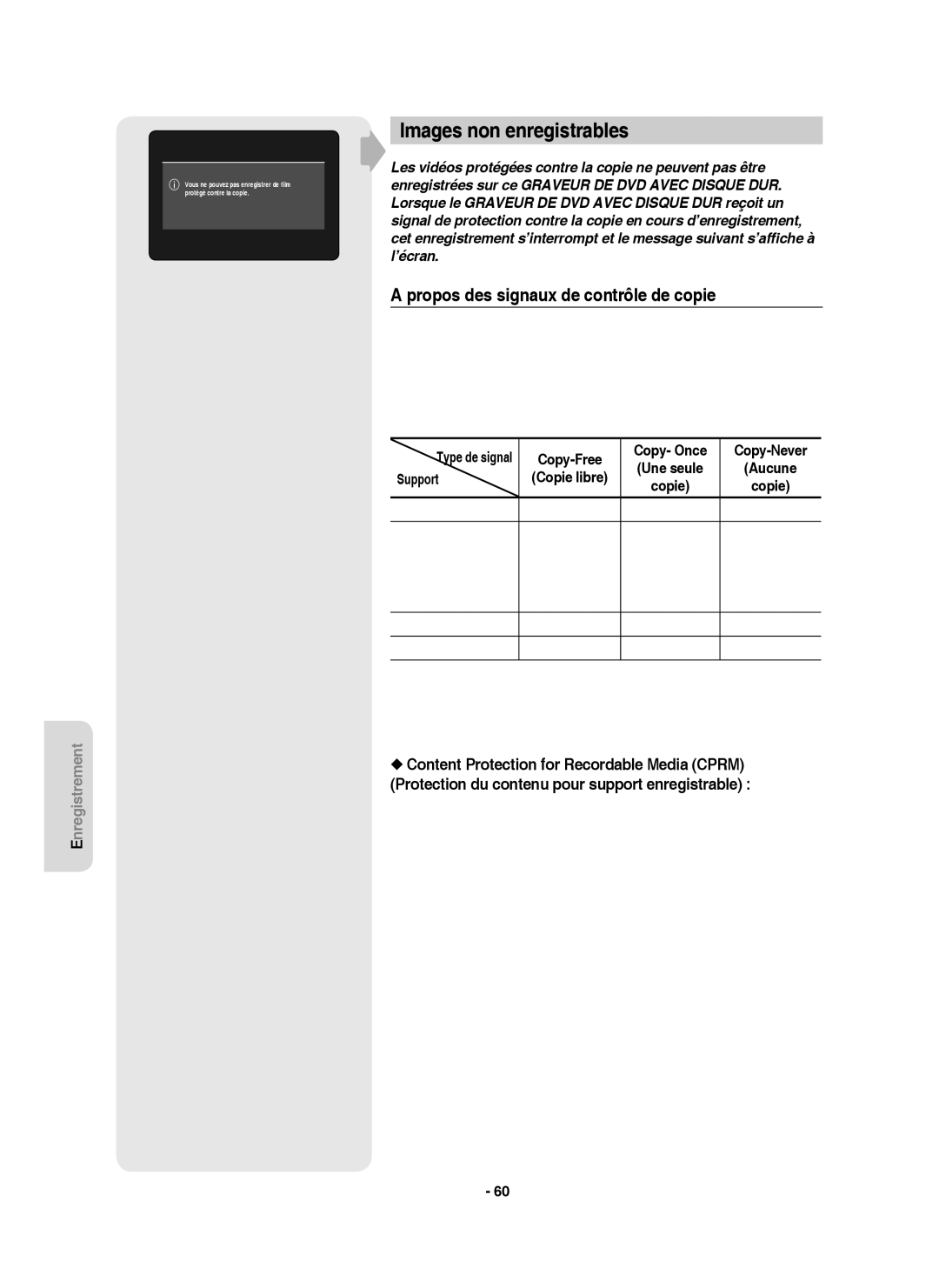 Samsung DVD-HR750/AUS Images non enregistrables, Propos des signaux de contrôle de copie, Copy-Free Copy- Once Copy-Never 