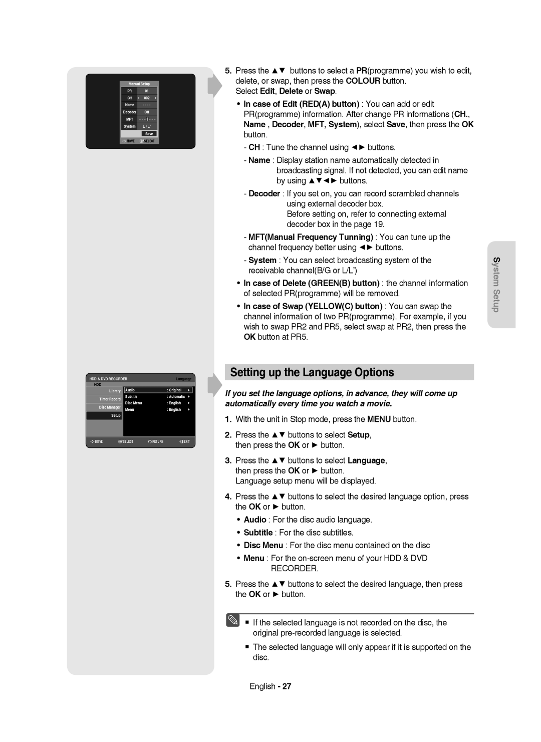 Samsung DVD-HR750/XEG, DVD-HR750/XEB Setting up the Language Options, With the unit in Stop mode, press the Menu button 