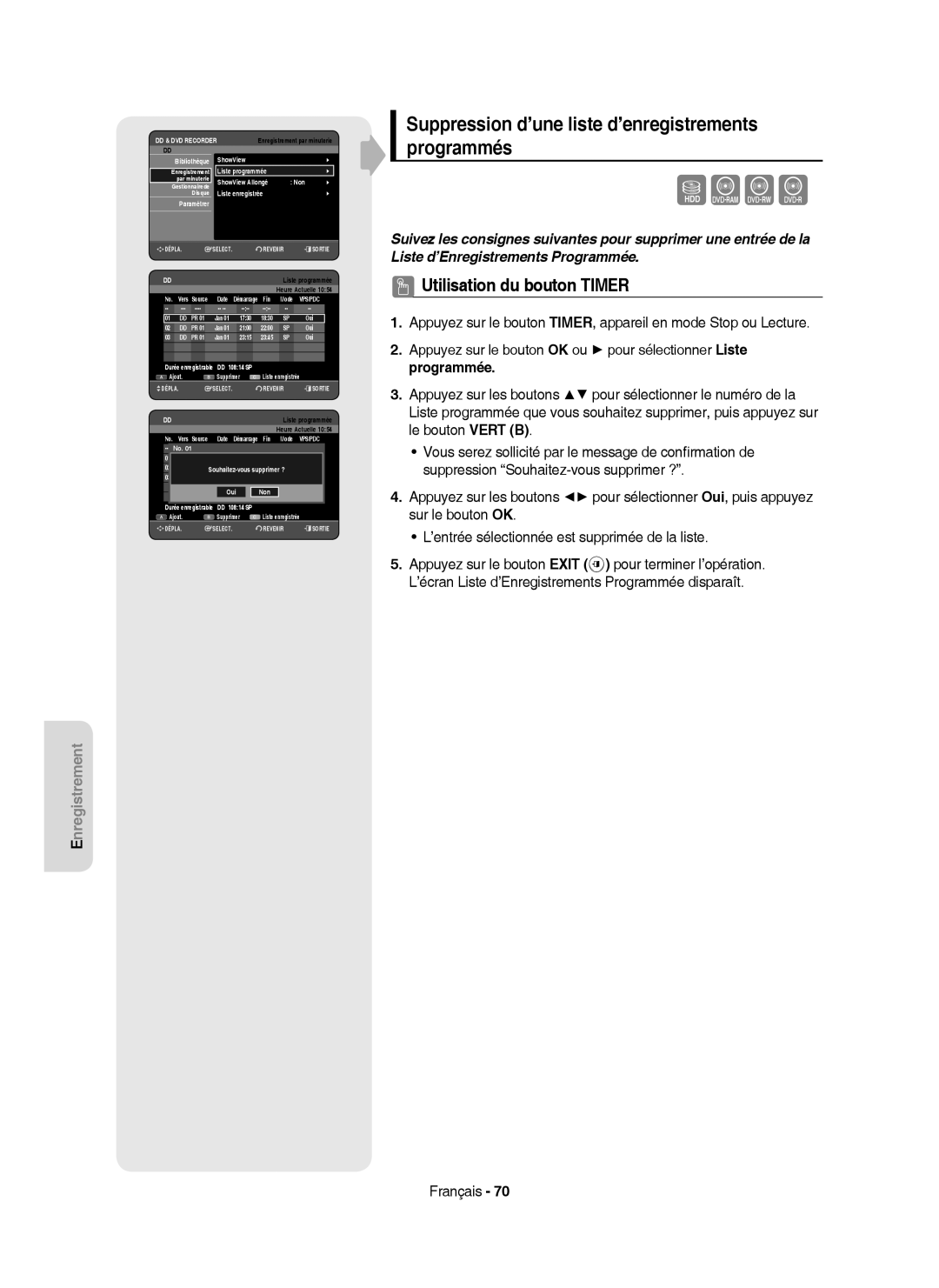 Samsung DVD-HR750/XEG, DVD-HR750/XEB, DVD-HR750/AUS manual Suppression d’une liste d’enregistrements programmés, Paramétrer 