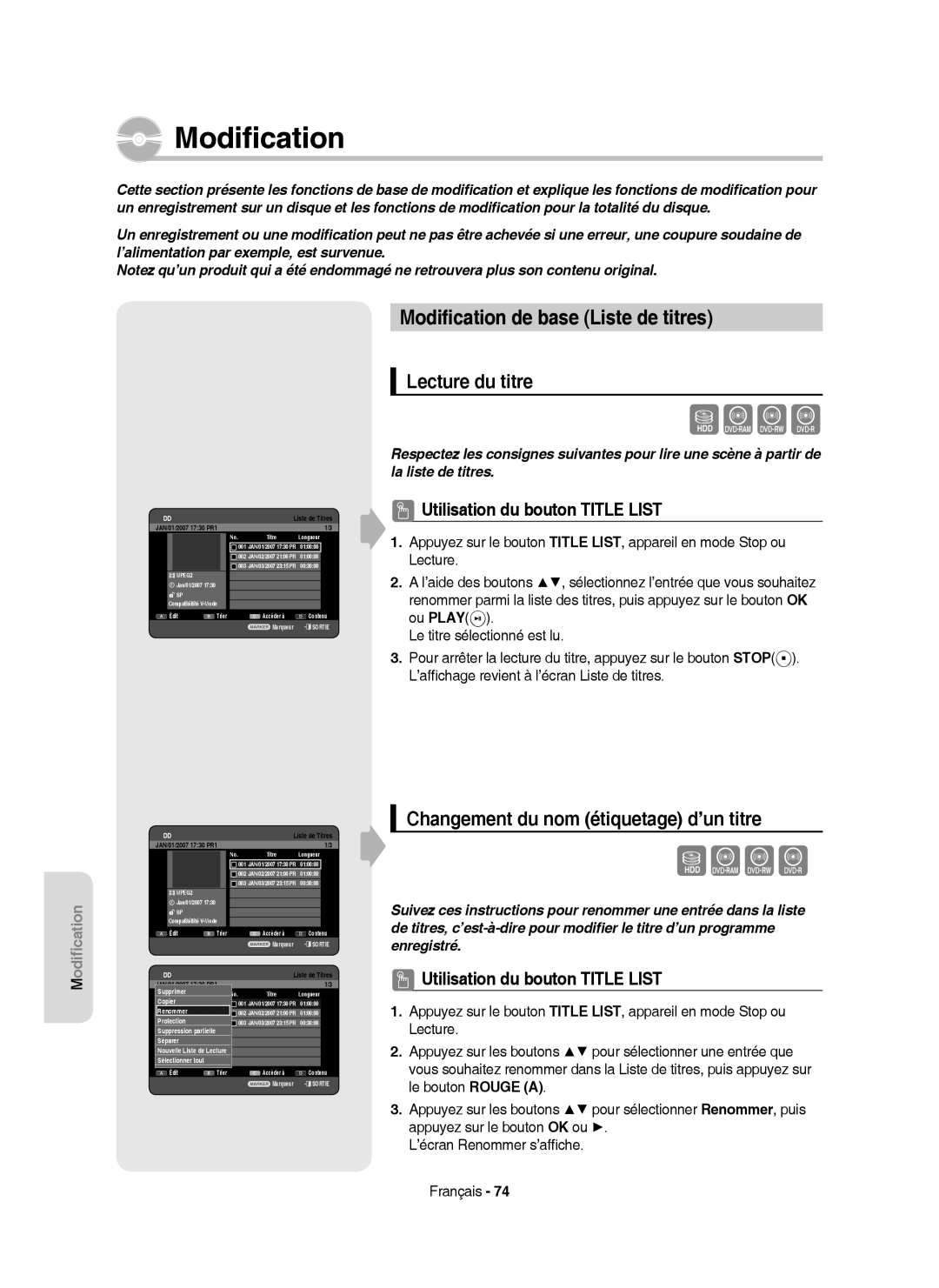 Samsung DVD-HR750/XEB Modiﬁcation de base Liste de titres, Lecture du titre, Changement du nom étiquetage d’un titre 