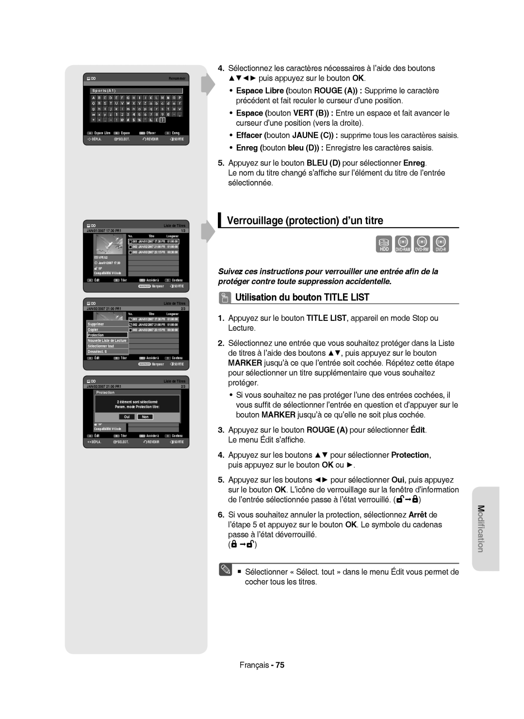 Samsung DVD-HR750/AUS manual Verrouillage protection d’un titre, Effacer bouton Jaune C supprime tous les caractères saisis 