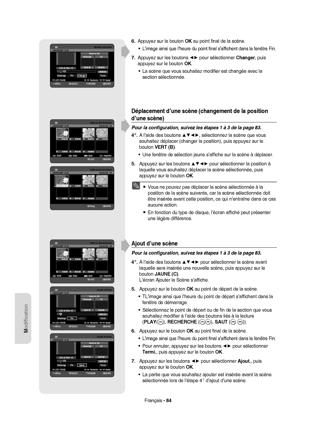 Samsung DVD-HR750/AUS, DVD-HR750/XEG, DVD-HR750/XEB manual Ajout d’une scène, Bouton Jaune C, Saut 