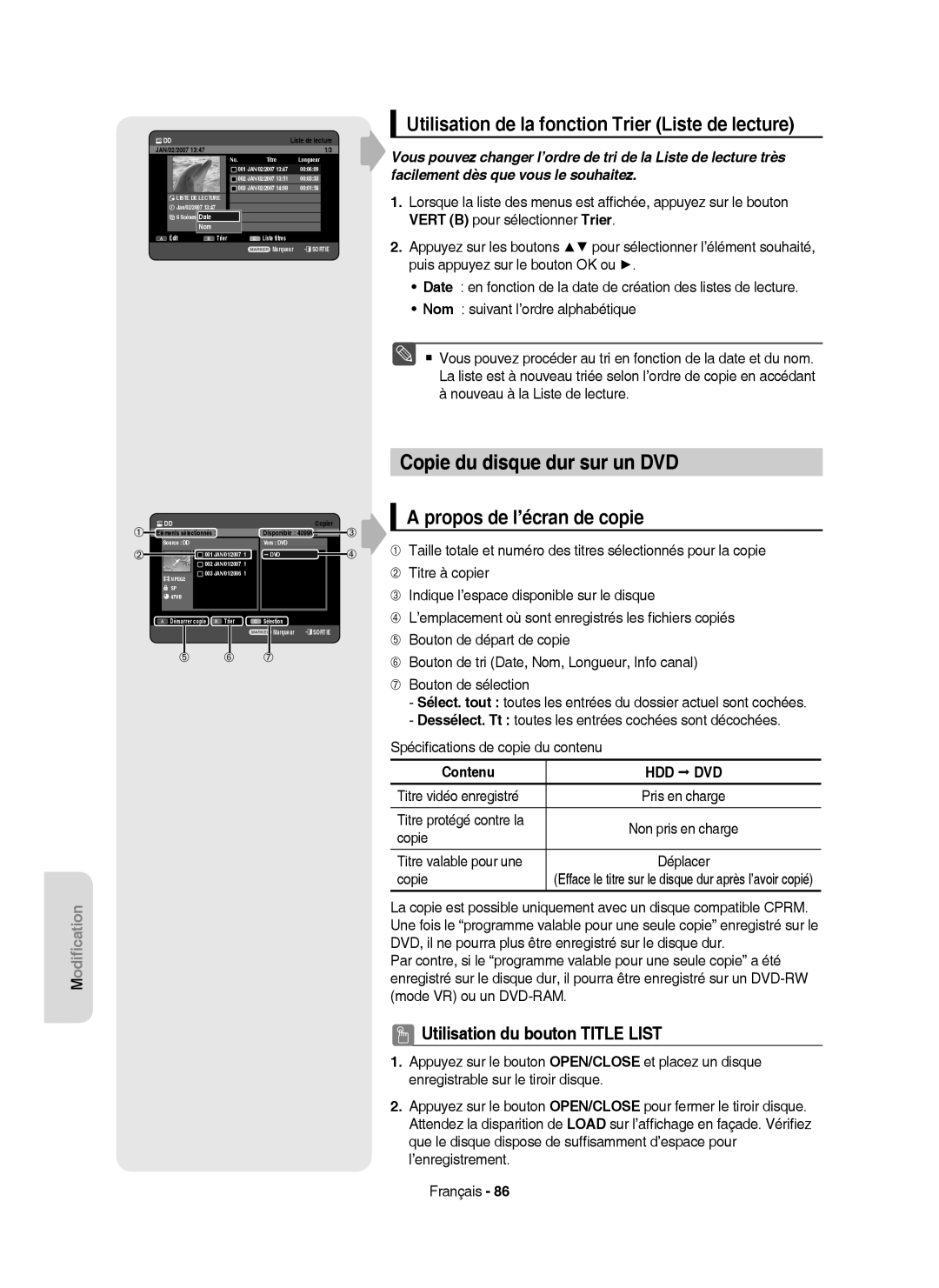 Samsung DVD-HR750/XEB, DVD-HR750/XEG Copie du disque dur sur un DVD, Utilisation de la fonction Trier Liste de lecture 