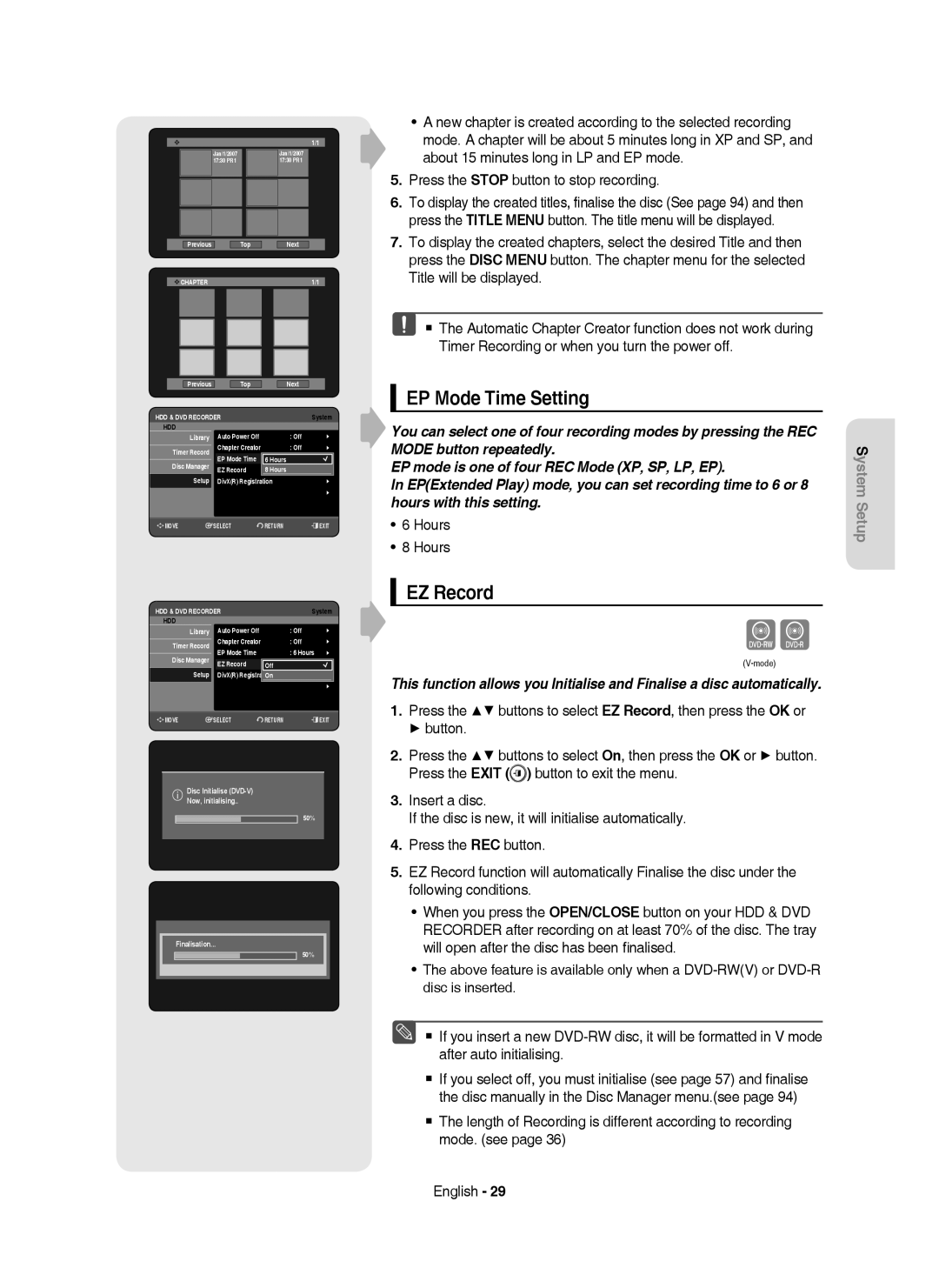 Samsung DVD-HR750/AUS, DVD-HR750/XEG manual EP Mode Time Setting, EZ Record, Press the Stop button to stop recording, Hours 