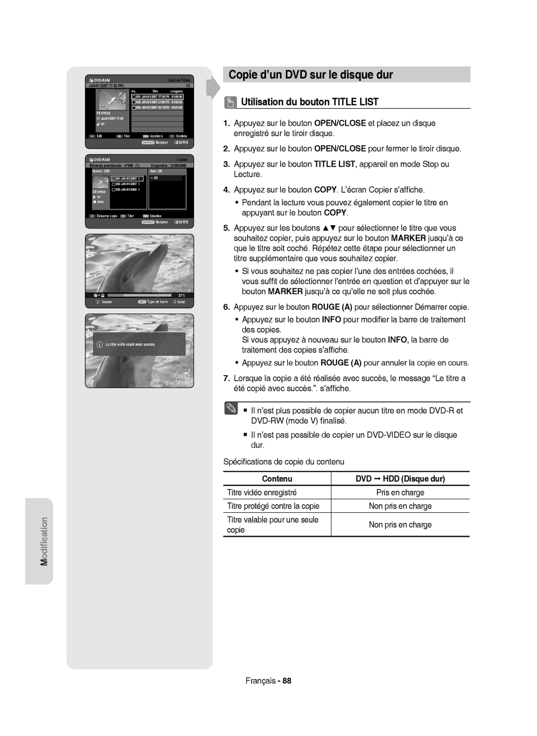 Samsung DVD-HR750/XEG manual Copie d’un DVD sur le disque dur, Contenu DVD HDD Disque dur, Titre protégé contre la copie 