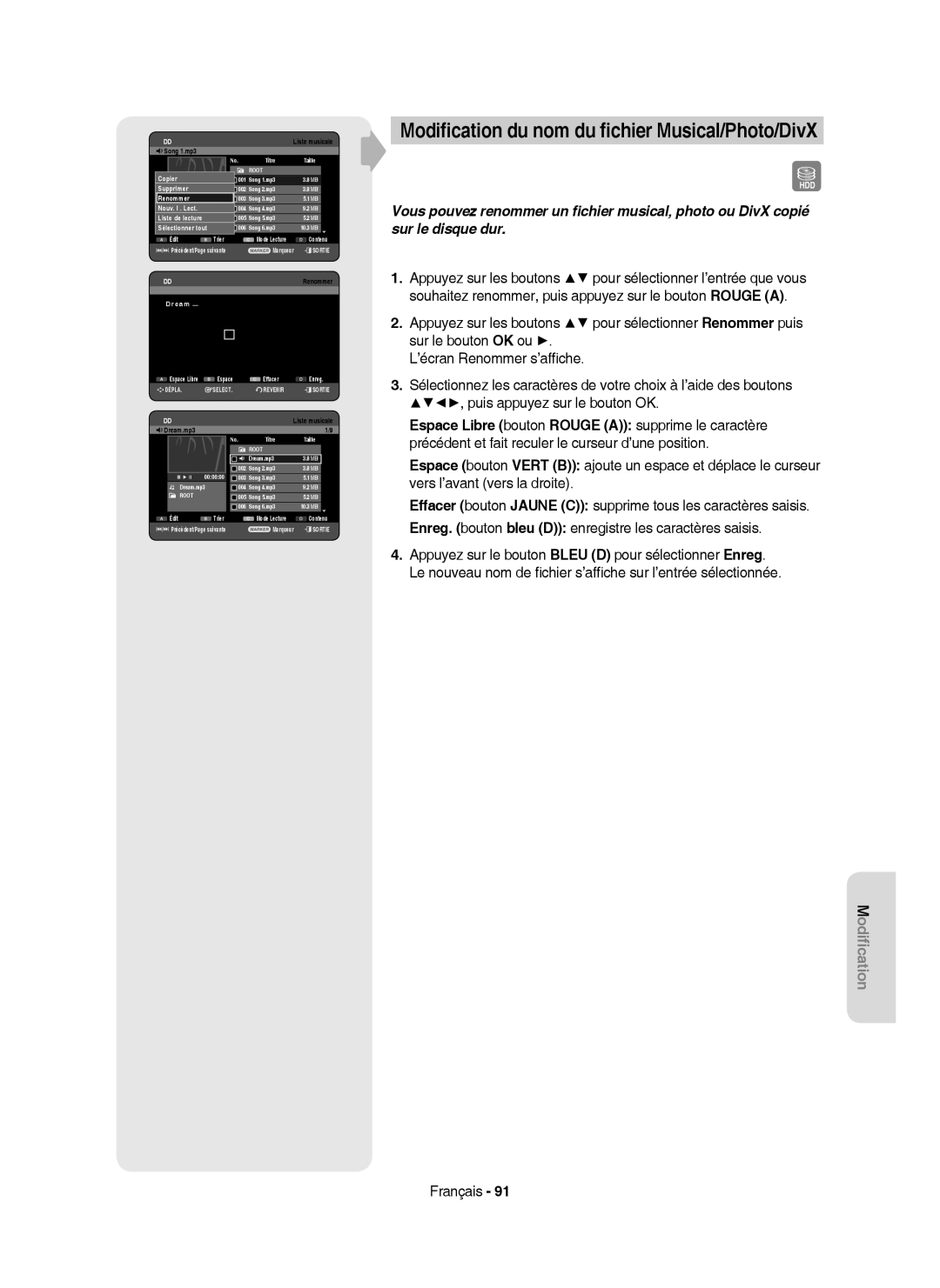 Samsung DVD-HR750/XEG, DVD-HR750/XEB, DVD-HR750/AUS manual Modiﬁcation du nom du ﬁchier Musical/Photo/DivX, Song 1.mp3 