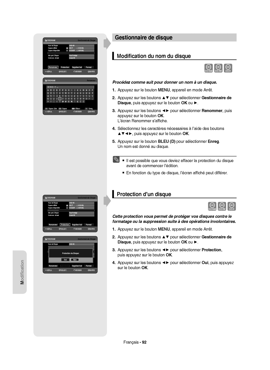 Samsung DVD-HR750/XEB, DVD-HR750/XEG manual Gestionnaire de disque, Modiﬁcation du nom du disque, Protection d’un disque 