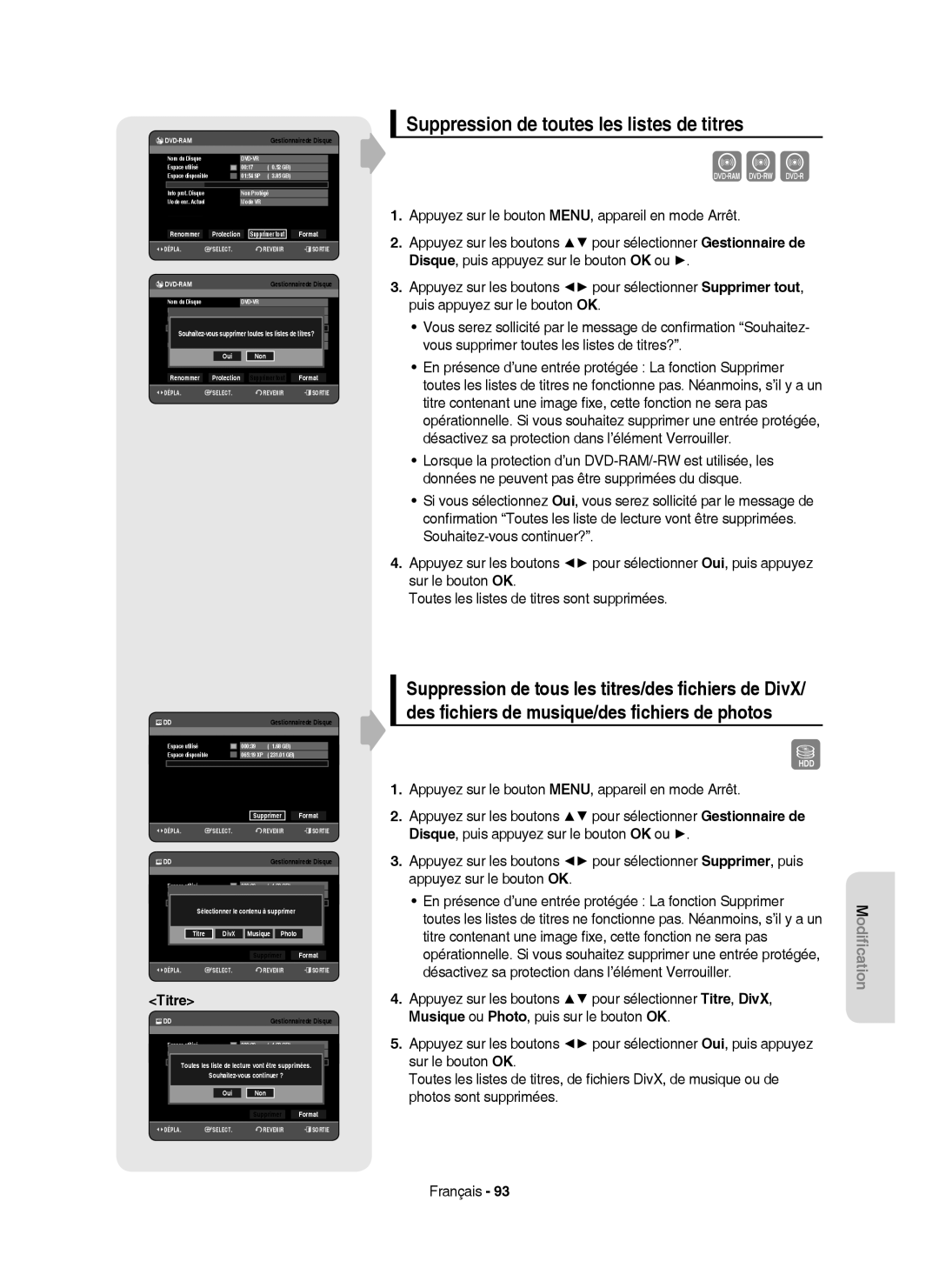 Samsung DVD-HR750/AUS, DVD-HR750/XEG, DVD-HR750/XEB manual Suppression de toutes les listes de titres, Titre 