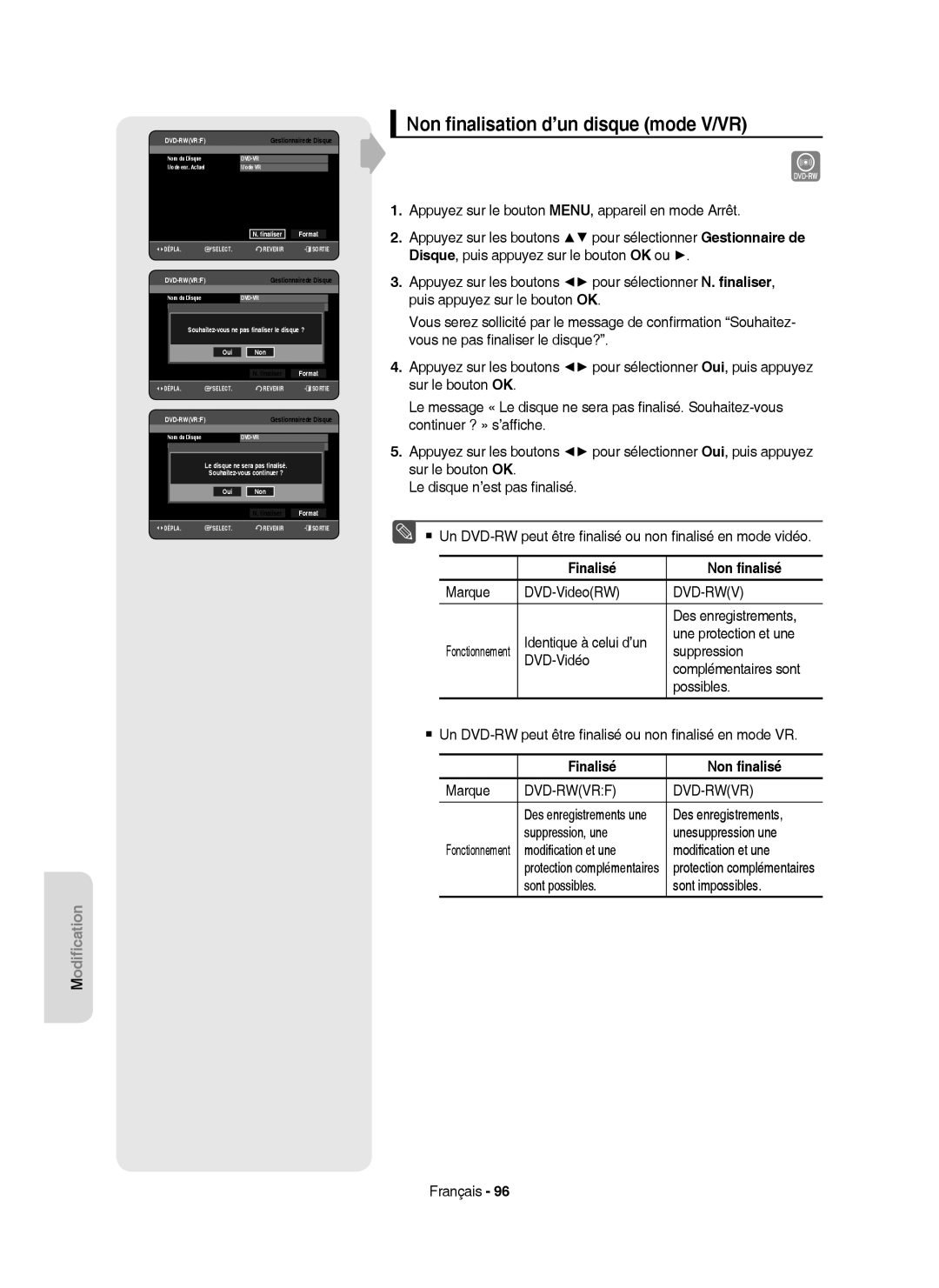 Samsung DVD-HR750/AUS, DVD-HR750/XEG, DVD-HR750/XEB manual Non ﬁnalisation d’un disque mode V/VR, Finalisé Non ﬁnalisé 