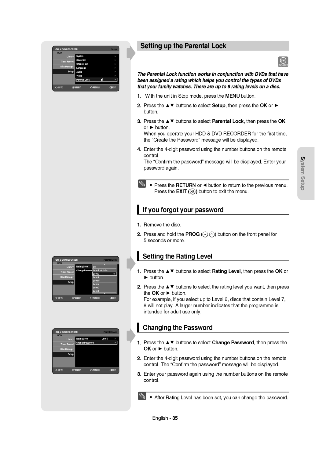 Samsung DVD-HR750/AUS, DVD-HR750/XEG Setting up the Parental Lock, If you forgot your password, Setting the Rating Level 