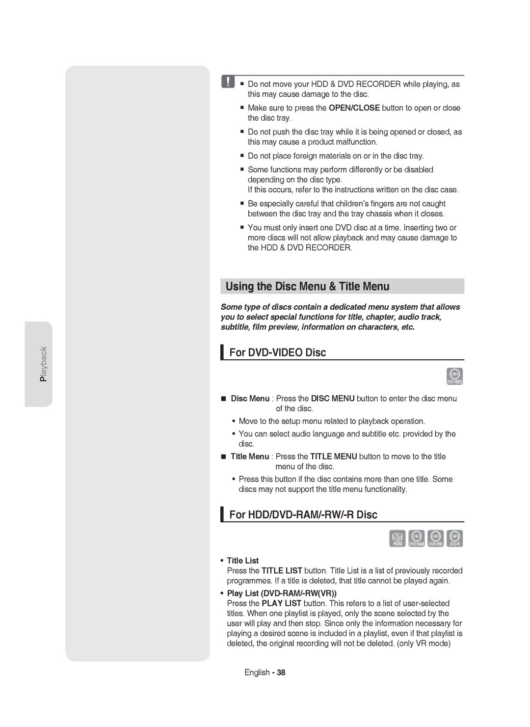 Samsung DVD-HR750/AUS manual Using the Disc Menu & Title Menu, For DVD-VIDEO Disc, For HDD/DVD-RAM/-RW/-R Disc, Title List 