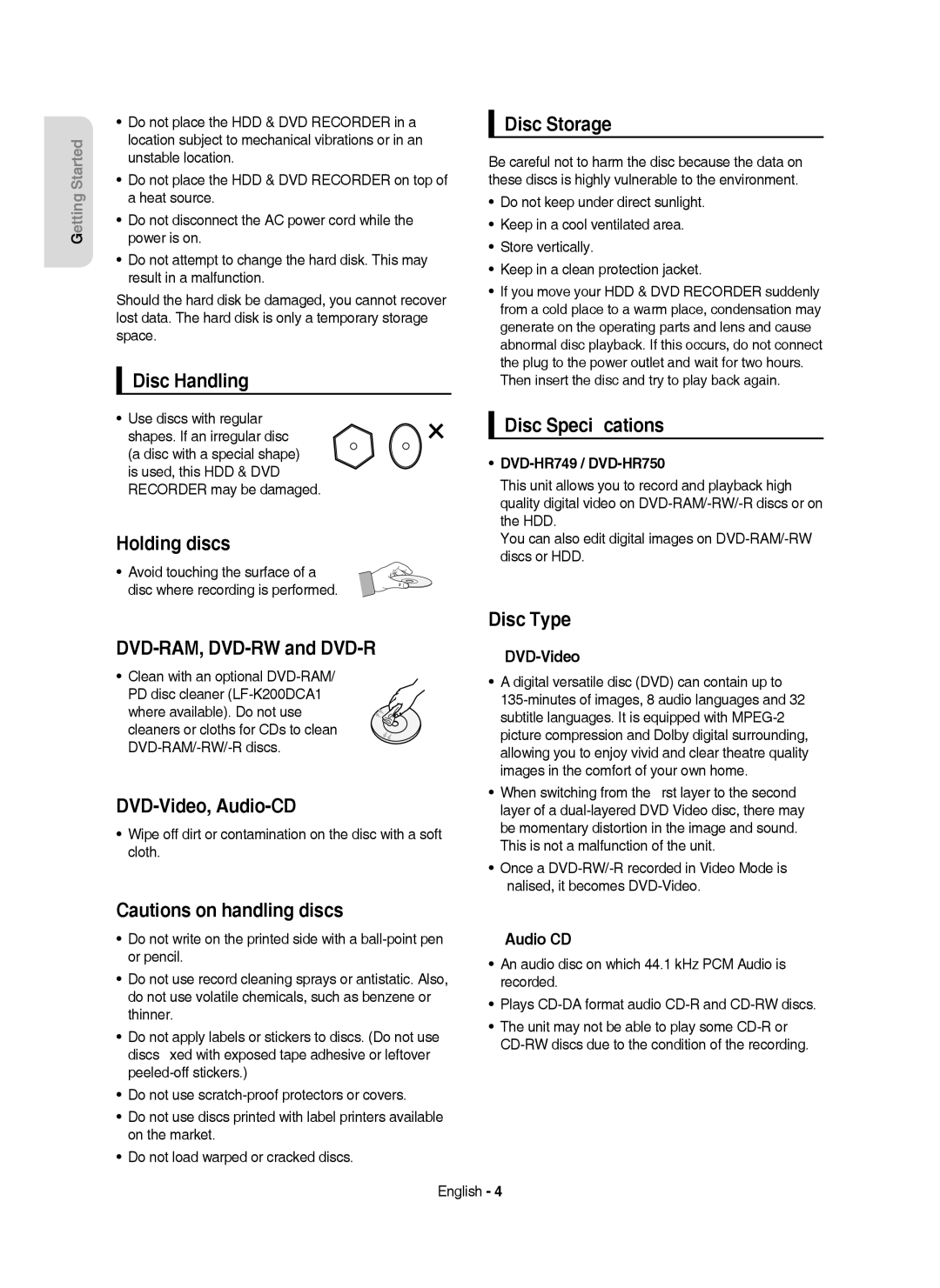 Samsung DVD-HR750/XEB manual Disc Handling, Holding discs, DVD-RAM, DVD-RW and DVD-R, DVD-Video, Audio-CD, Disc Storage 