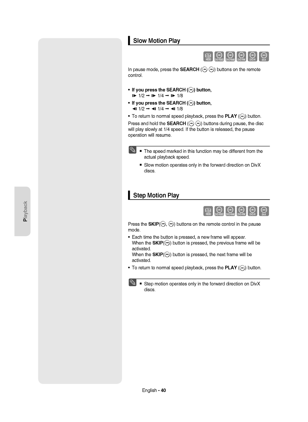 Samsung DVD-HR750/XEB manual Slow Motion Play, Step Motion Play, Pause mode, press the Search buttons on the remote control 