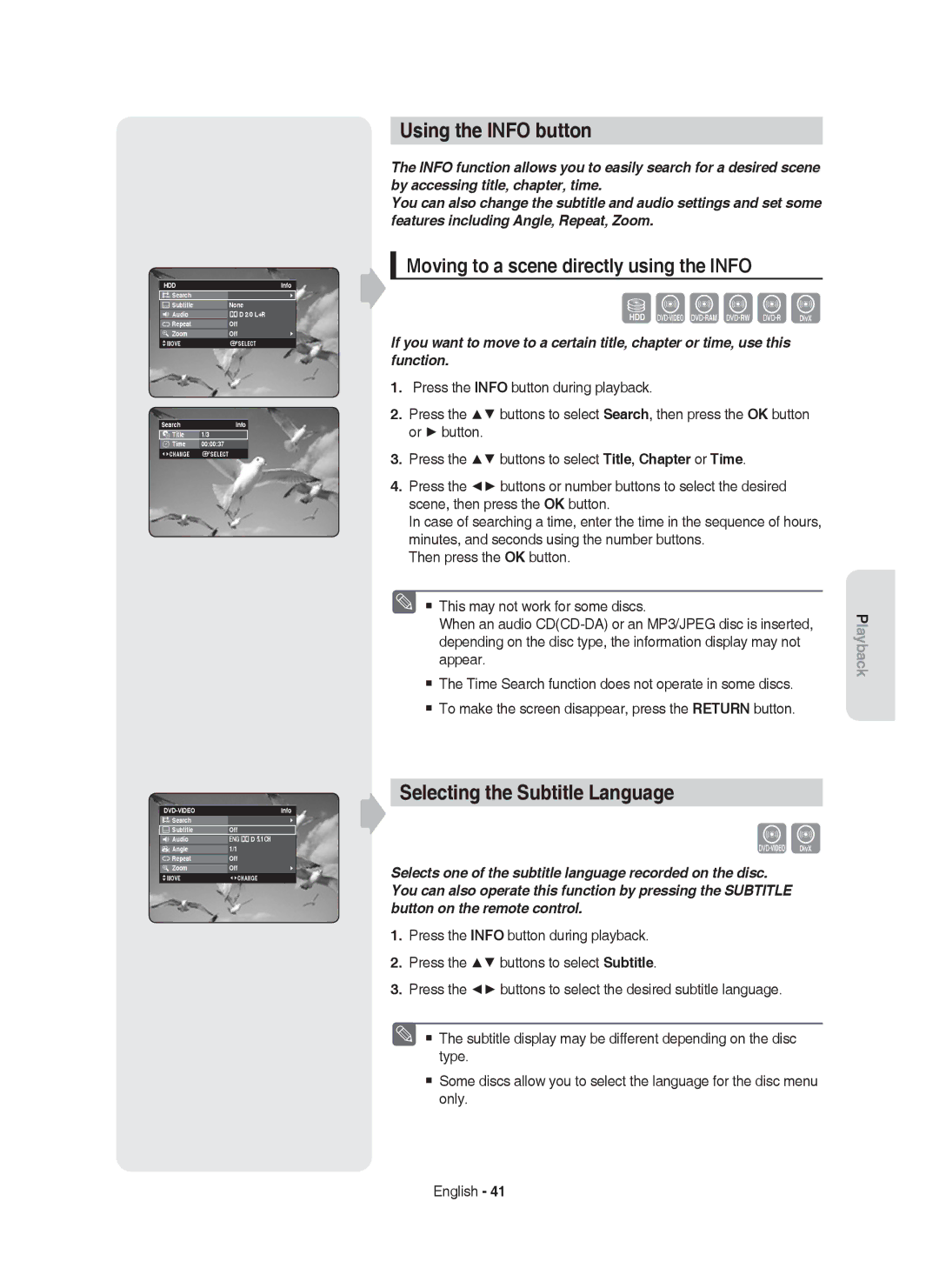 Samsung DVD-HR750/AUS Using the Info button, Selecting the Subtitle Language, Moving to a scene directly using the Info 