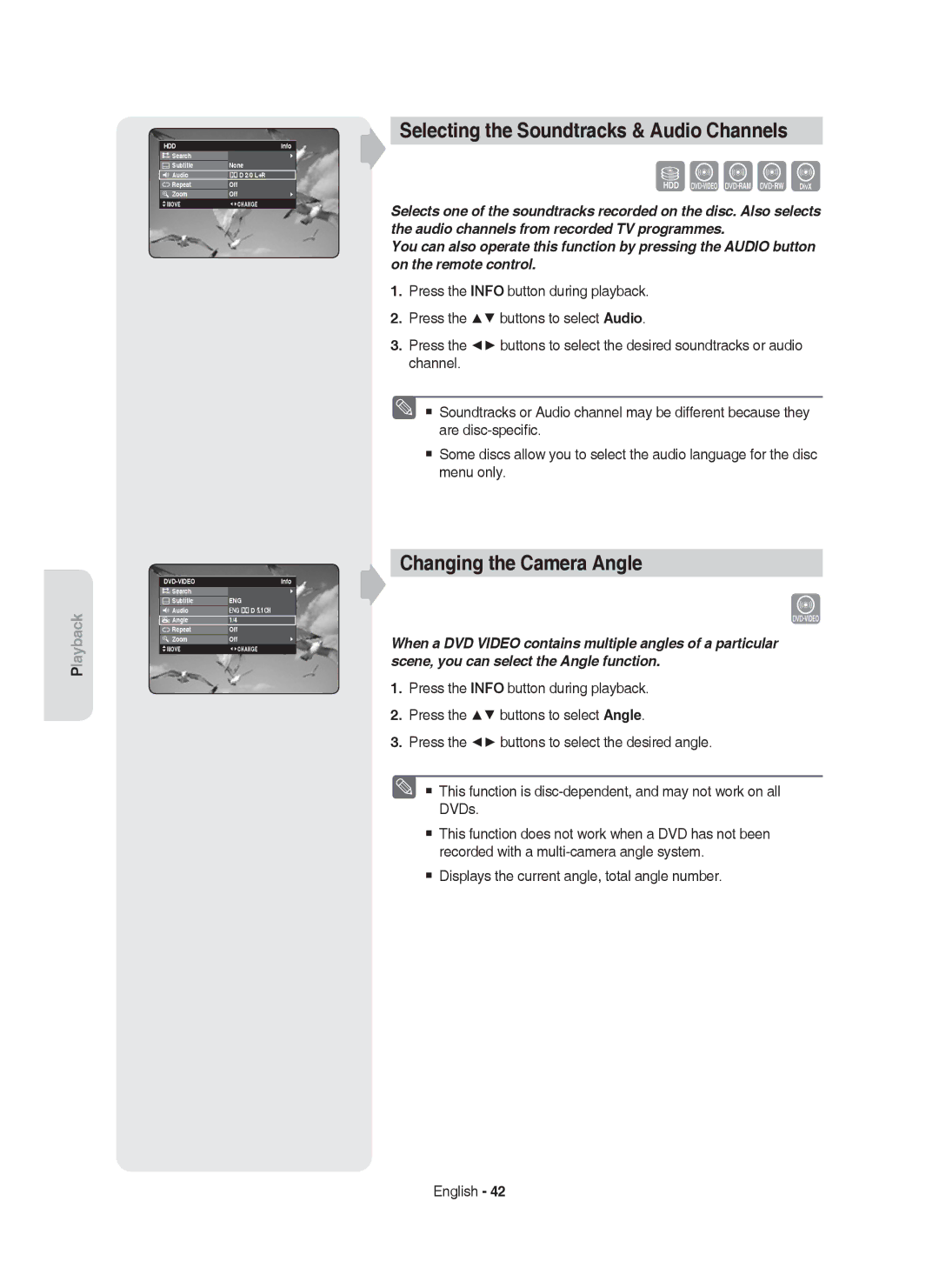 Samsung DVD-HR750/XEG manual Selecting the Soundtracks & Audio Channels, Changing the Camera Angle, Search Subtitle 