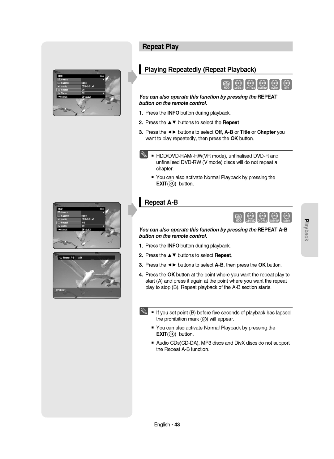 Samsung DVD-HR750/XEB, DVD-HR750/XEG, DVD-HR750/AUS manual Playing Repeatedly Repeat Playback, Repeat A-B A-B 