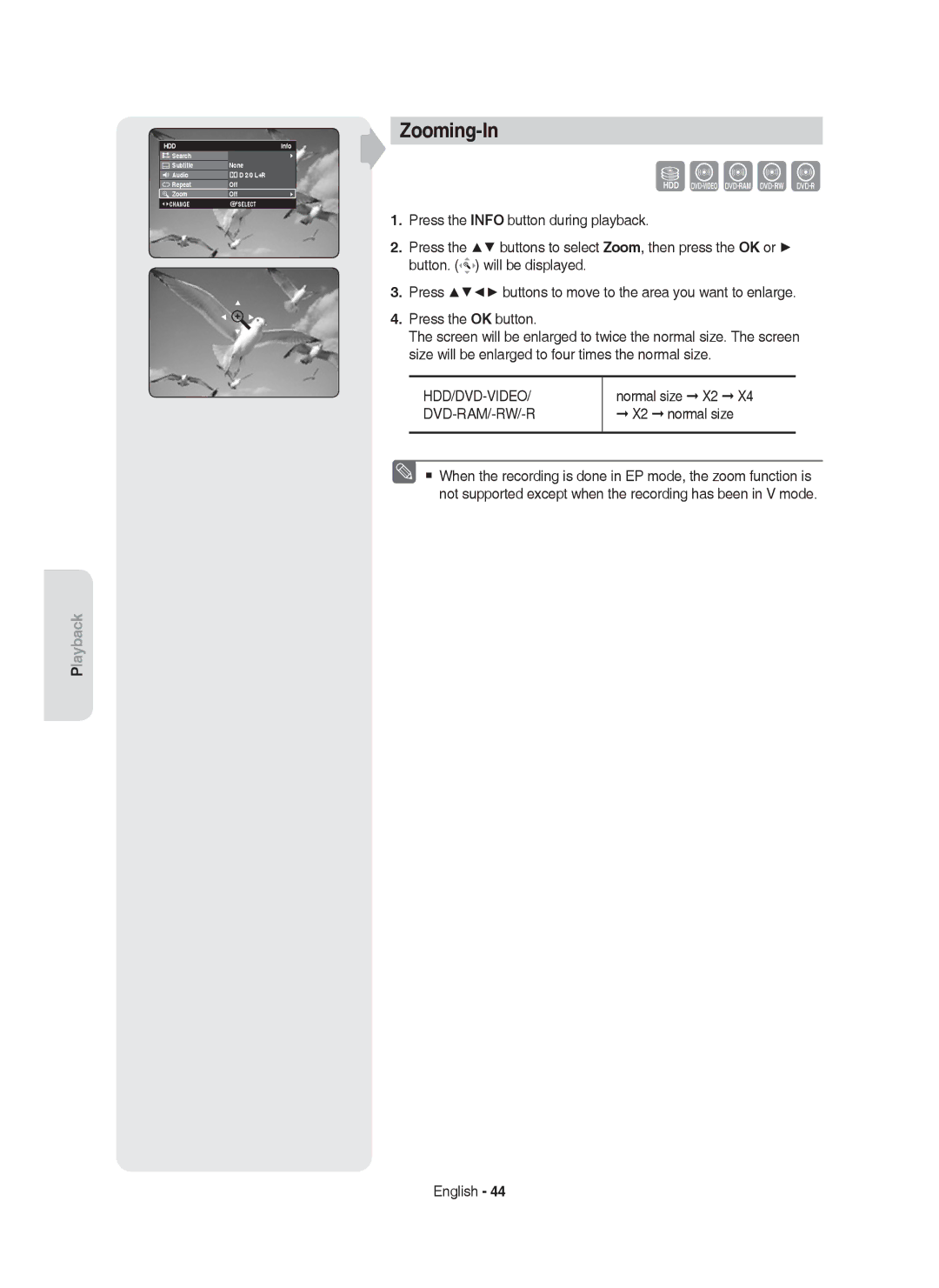 Samsung DVD-HR750/AUS, DVD-HR750/XEG, DVD-HR750/XEB manual Zooming-In, Normal size X2, X2 normal size 