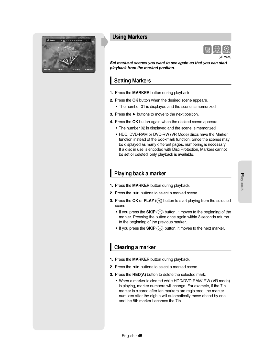 Samsung DVD-HR750/XEG, DVD-HR750/XEB manual Using Markers, Setting Markers, Playing back a marker, Clearing a marker 