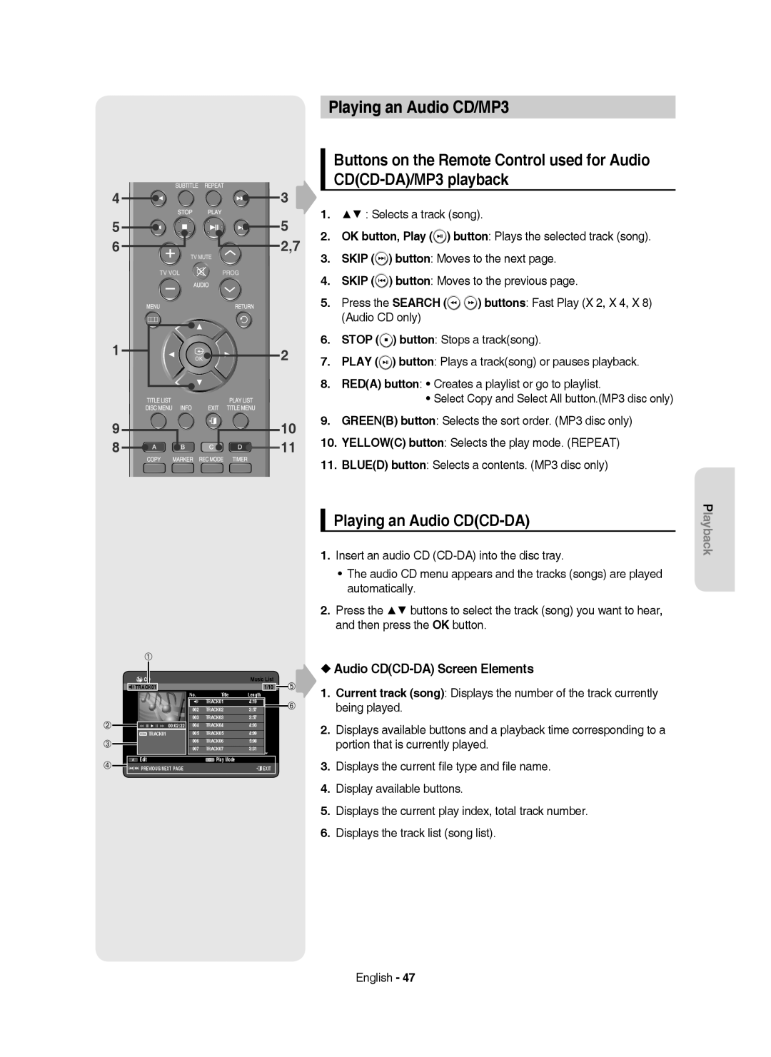 Samsung DVD-HR750/AUS, DVD-HR750/XEG manual Playing an Audio CD/MP3, Playing an Audio CDCD-DA, Audio CDCD-DA Screen Elements 