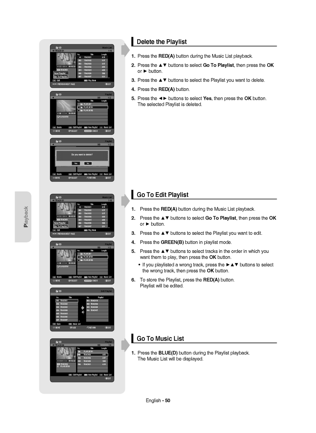 Samsung DVD-HR750/AUS manual Delete the Playlist, Go To Edit Playlist, Go To Music List, Do you wantE toPLAYLIST01delete? 