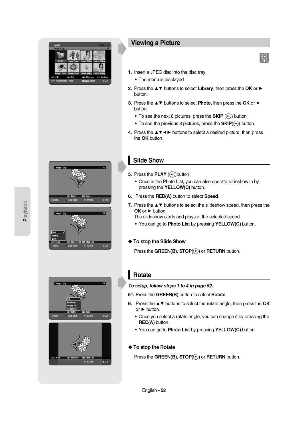 Samsung DVD-HR750/XEB, DVD-HR750/XEG, DVD-HR750/AUS Viewing a Picture, To stop the Slide Show, To stop the Rotate 