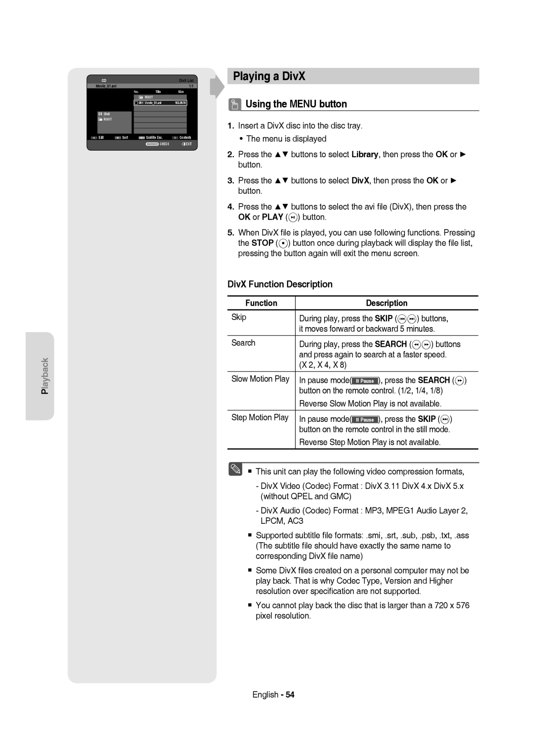 Samsung DVD-HR750/XEG, DVD-HR750/XEB, DVD-HR750/AUS manual Playing a DivX, Using the Menu button, DivX Function Description 