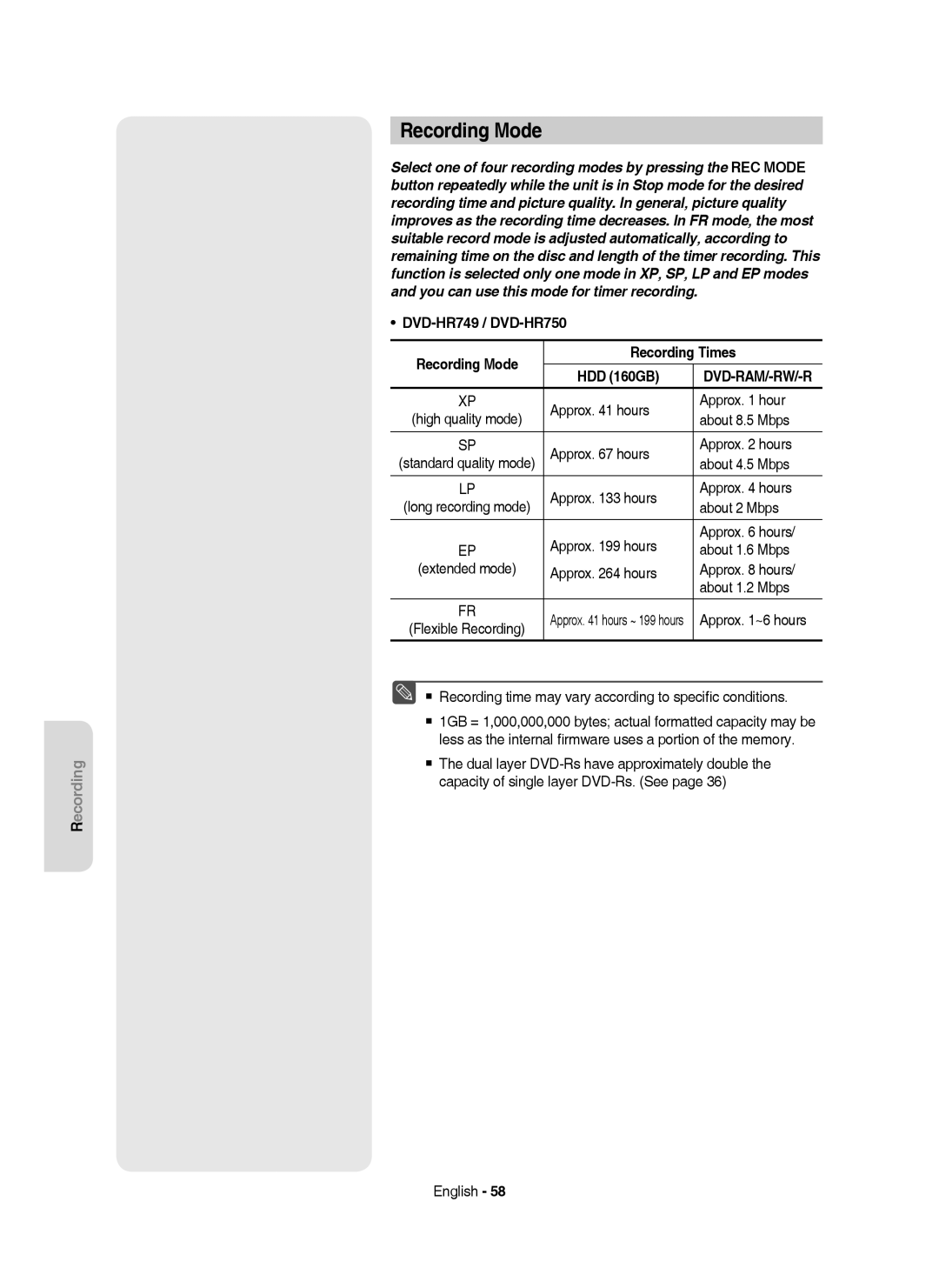 Samsung DVD-HR750/XEB, DVD-HR750/XEG, DVD-HR750/AUS manual Recording Mode 