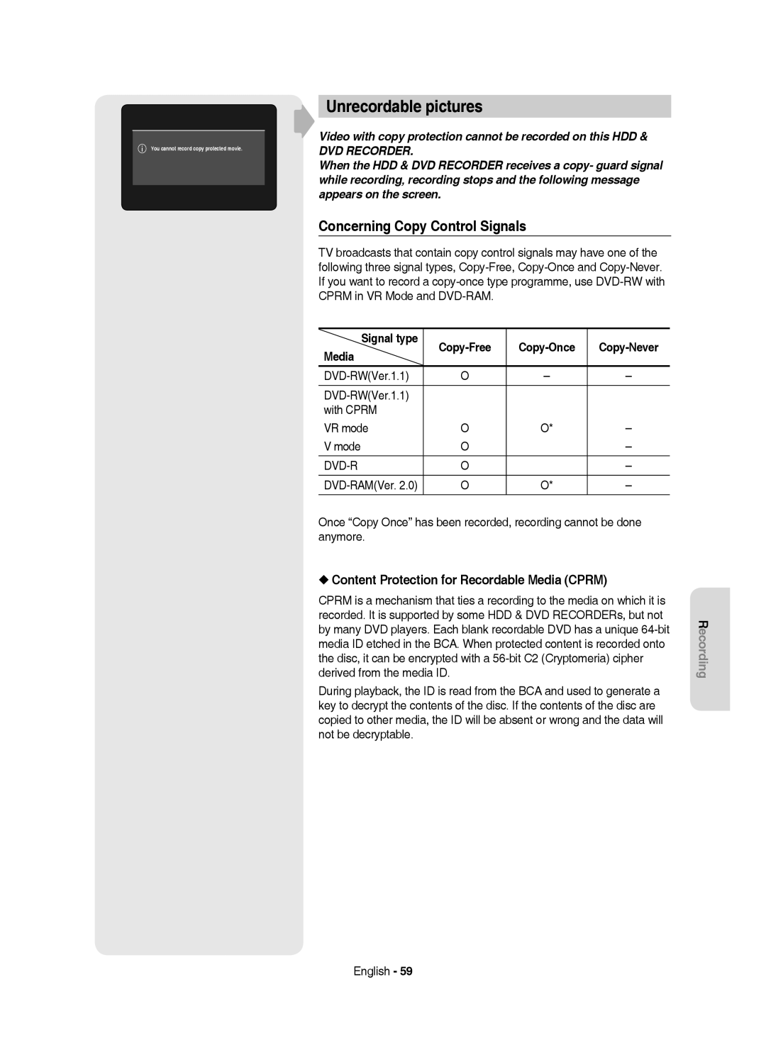 Samsung DVD-HR750/AUS Unrecordable pictures, Concerning Copy Control Signals, Content Protection for Recordable Media Cprm 