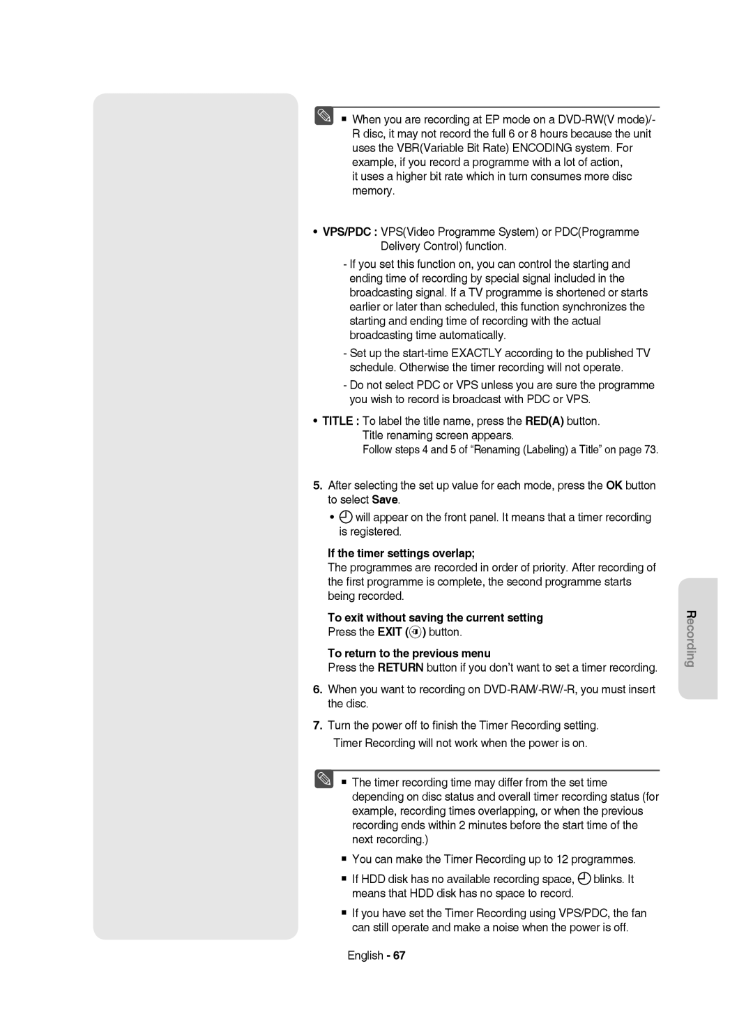 Samsung DVD-HR750/XEB If the timer settings overlap, To exit without saving the current setting, Press the Exit button 