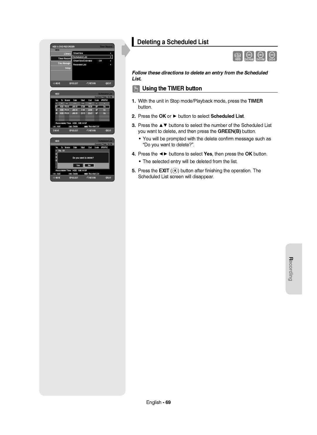 Samsung DVD-HR750/XEG, DVD-HR750/XEB, DVD-HR750/AUS manual Deleting a Scheduled List, Yes 