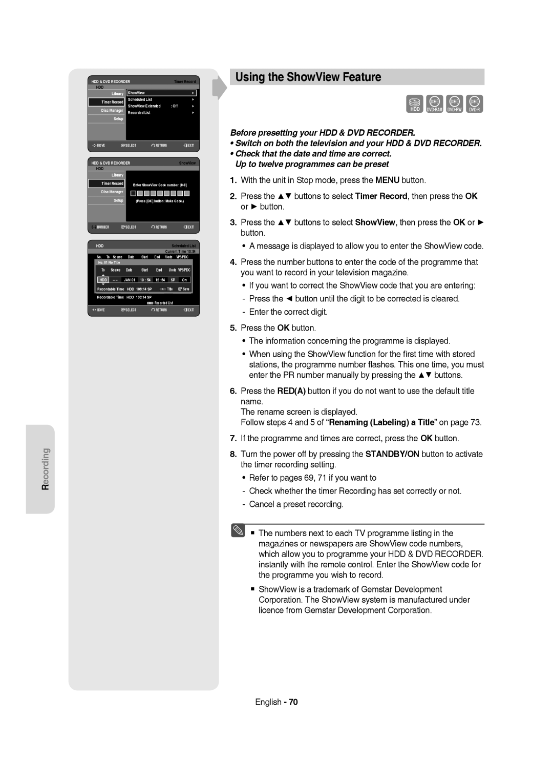 Samsung DVD-HR750/XEB, DVD-HR750/XEG, DVD-HR750/AUS manual Using the ShowView Feature, Date, Jan 